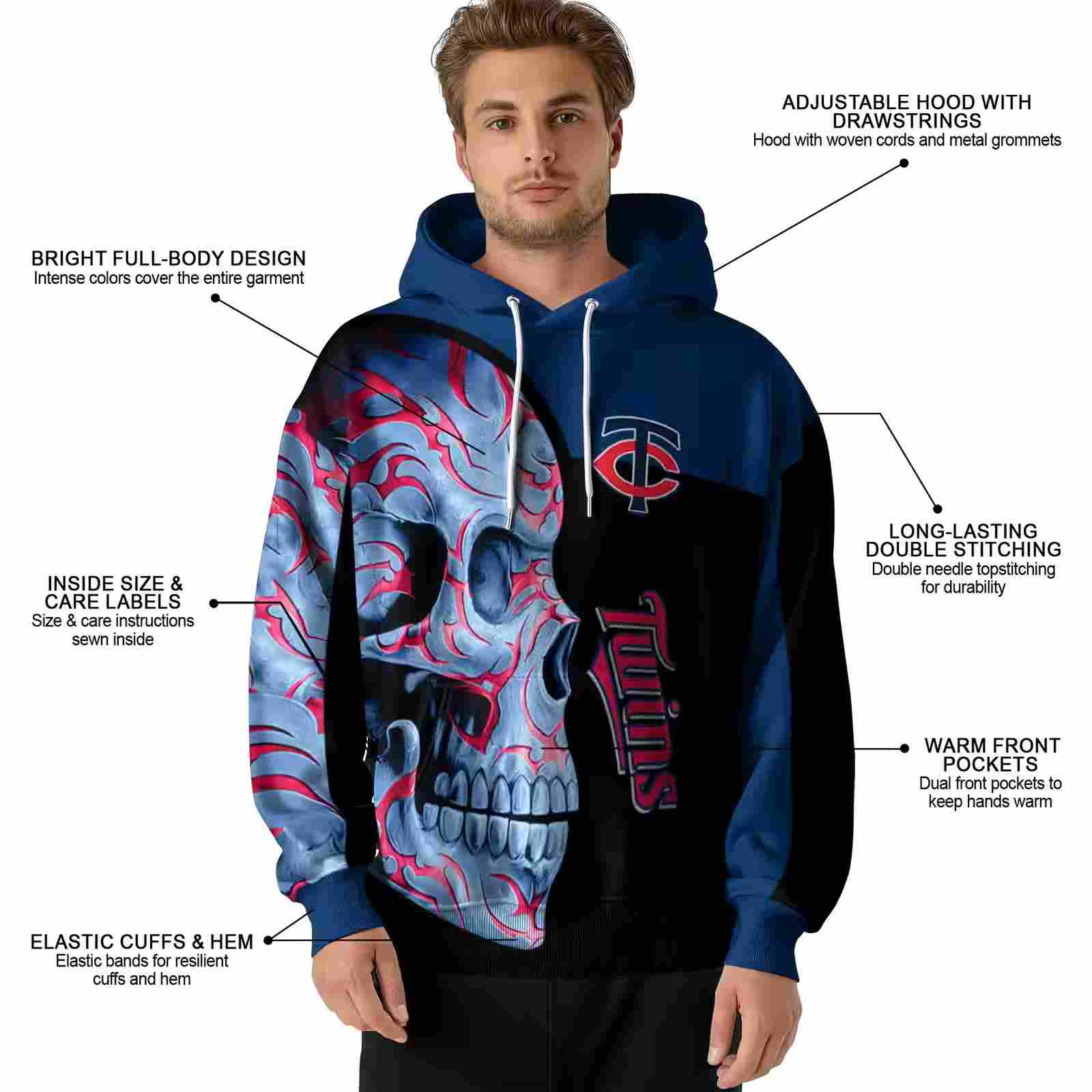 minnesota twins skull motif navy black hoodie latest model