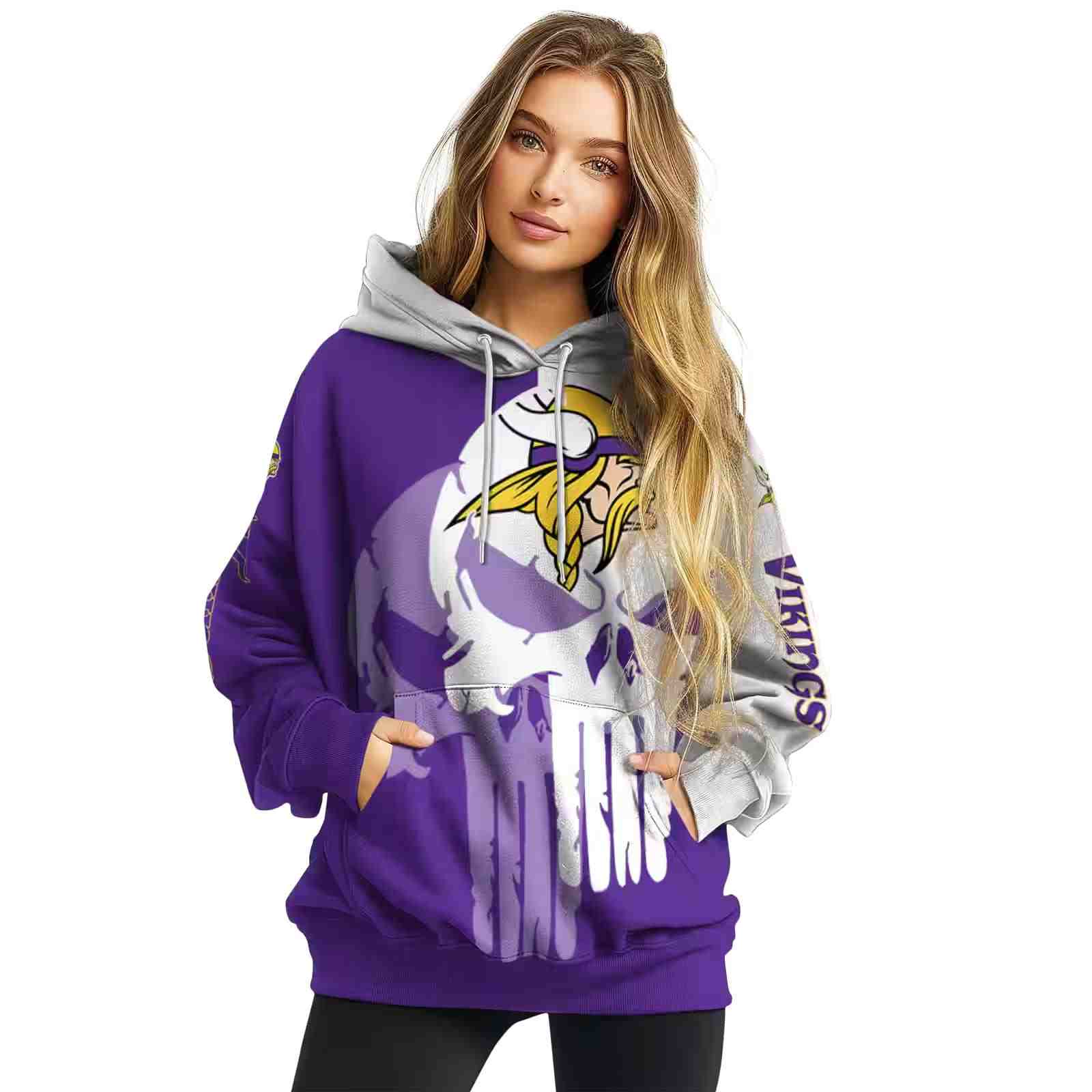 minnesota vikings graphic punisher purple white hoodie high quality