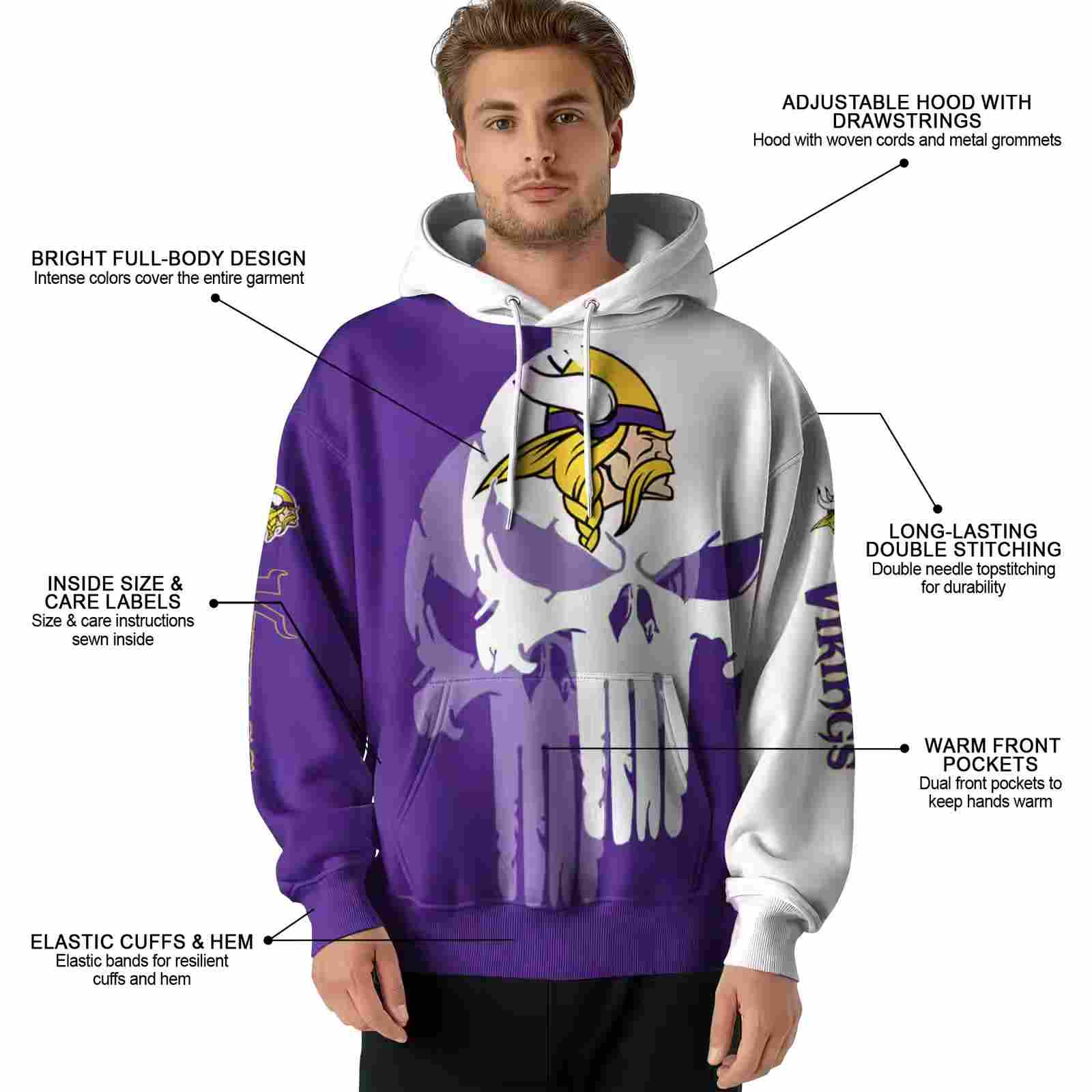 minnesota vikings graphic punisher purple white hoodie latest model