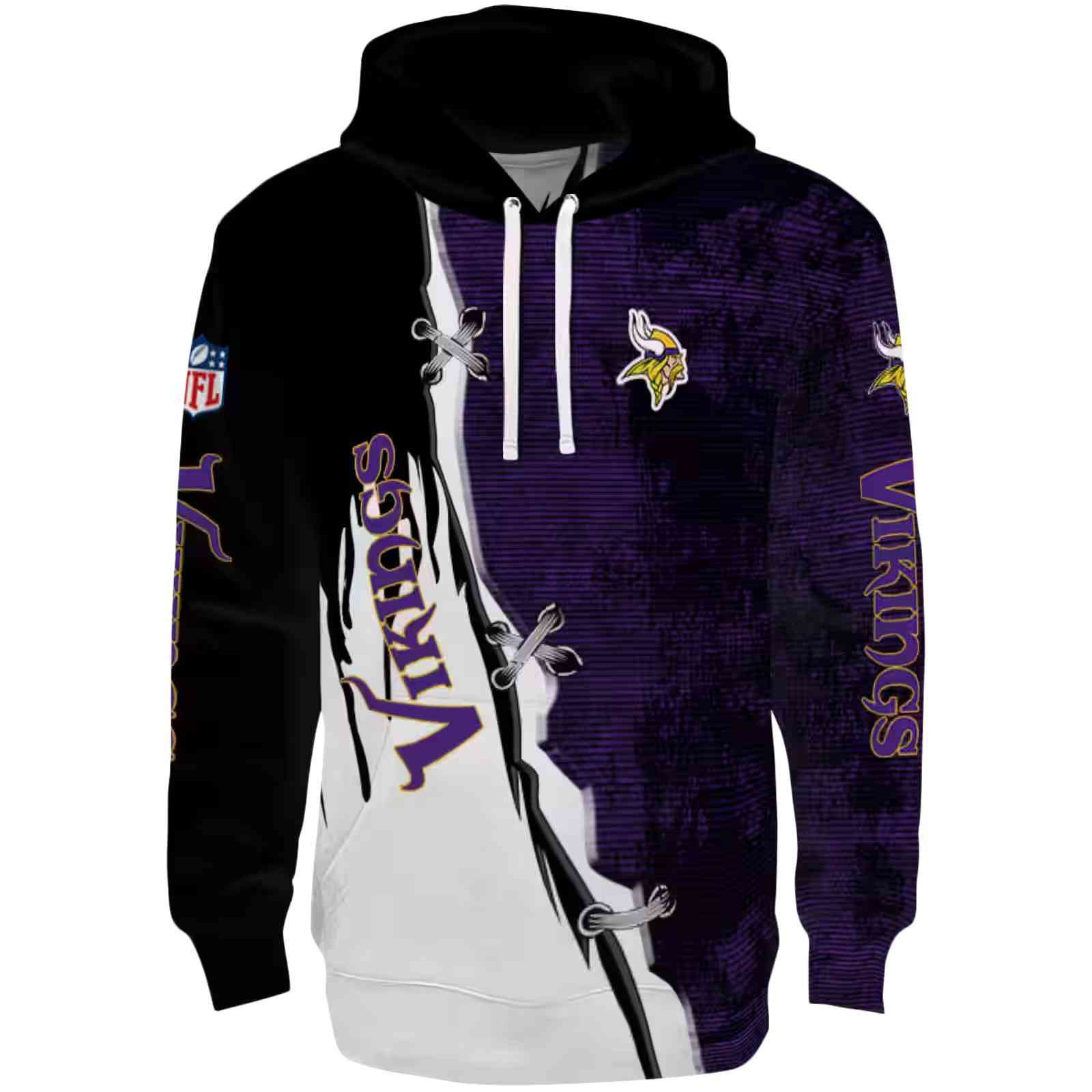 Minnesota Vikings Ripped Pattern Purple Black White Hoodie