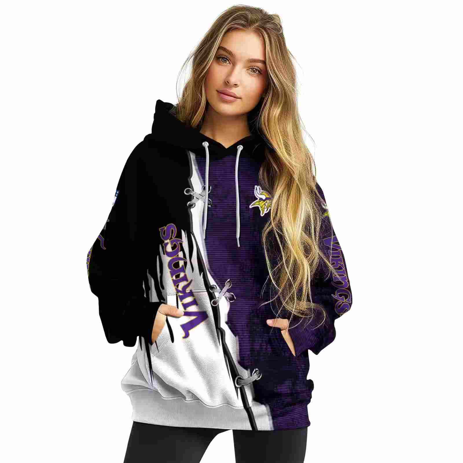 minnesota vikings ripped pattern purple black white hoodie high quality