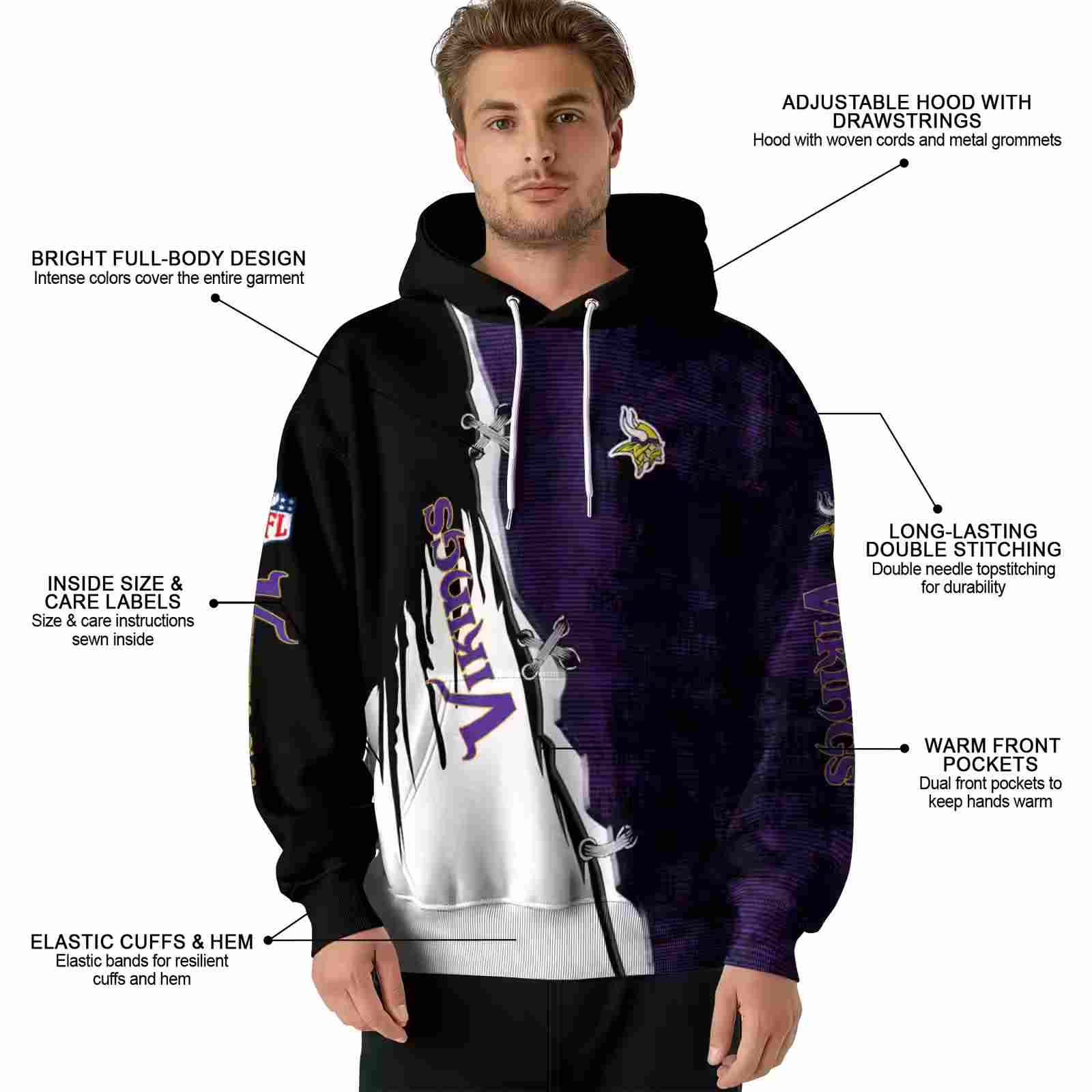 minnesota vikings ripped pattern purple black white hoodie latest model