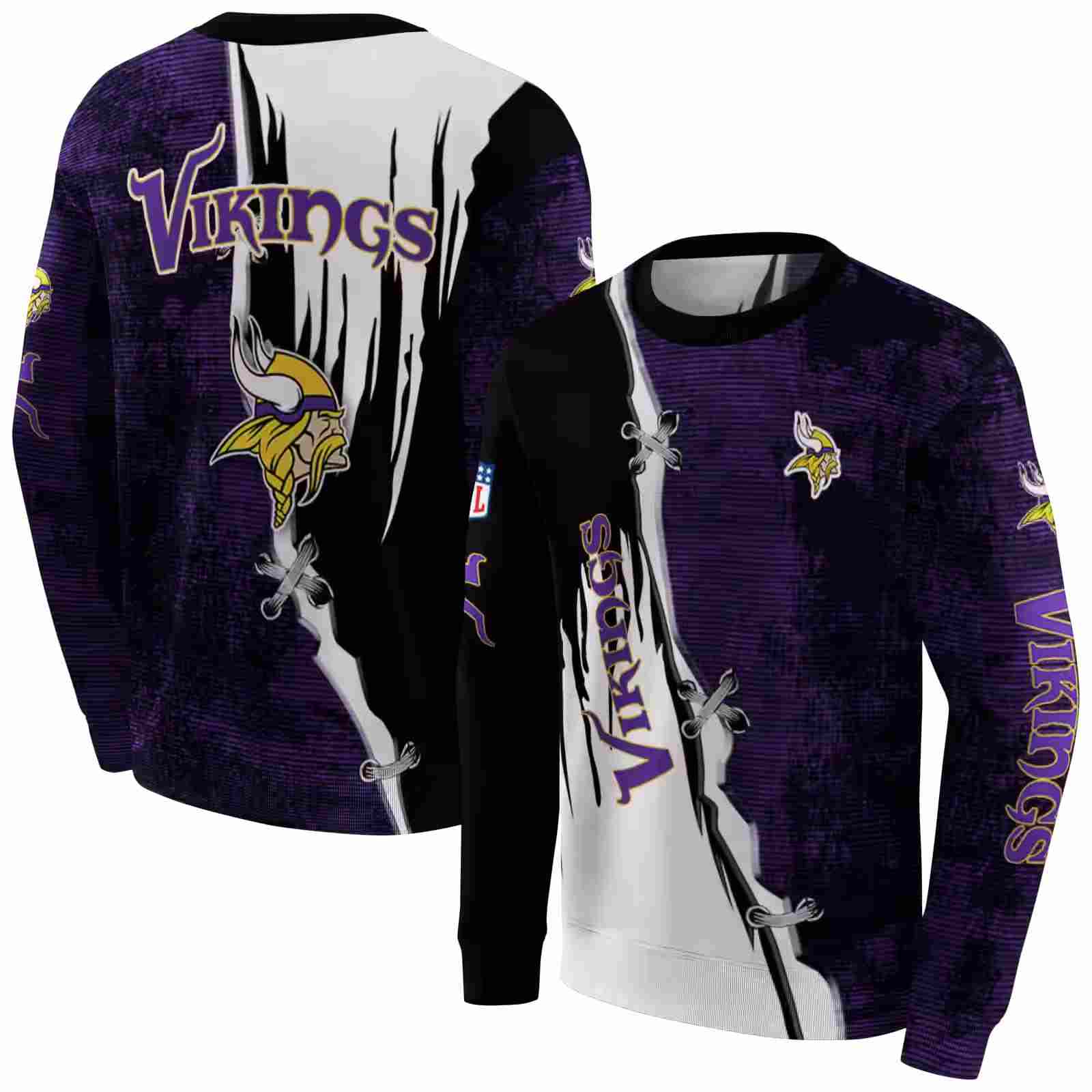 minnesota vikings ripped pattern purple black white hoodie premium grade