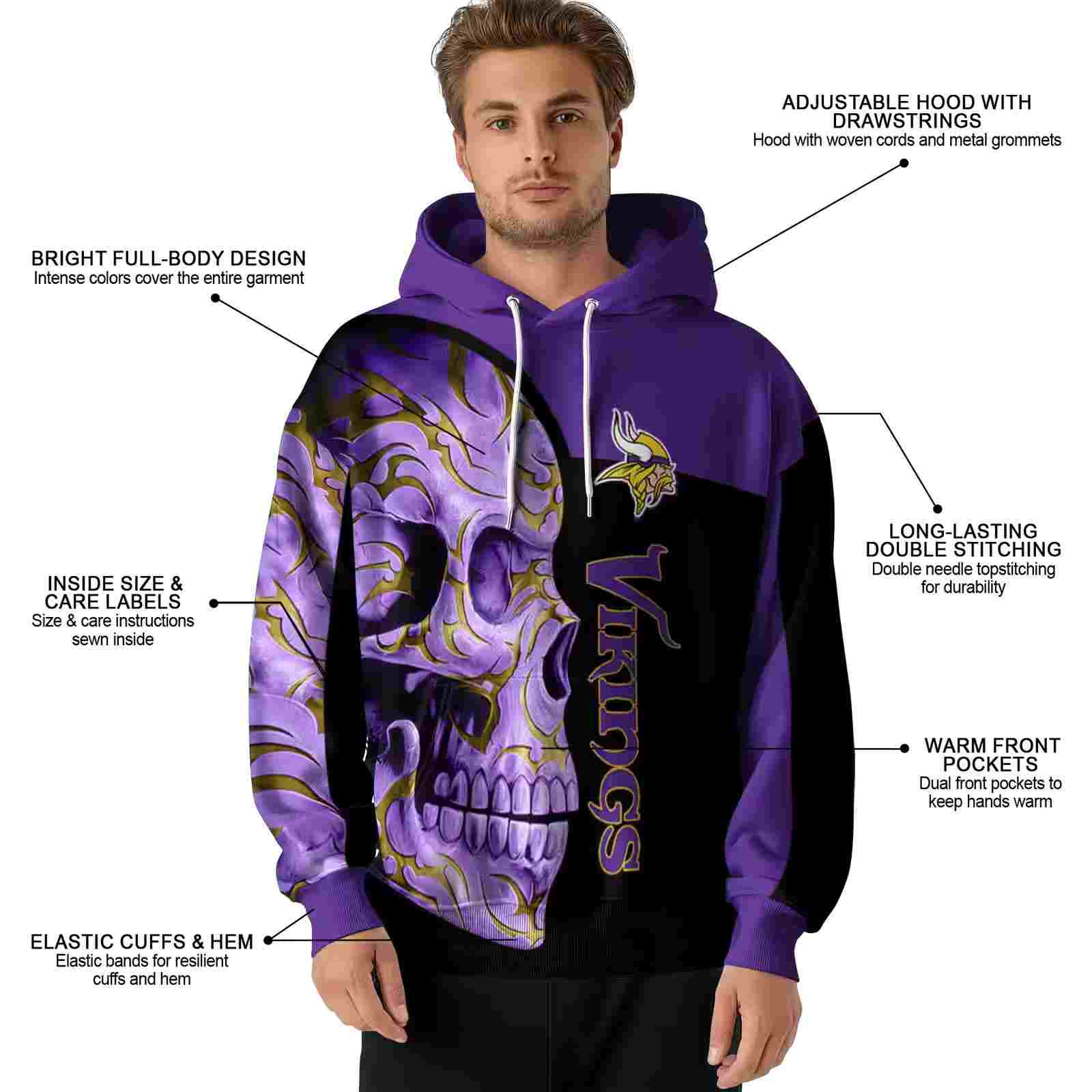 minnesota vikings skull motif purple black hoodie latest model