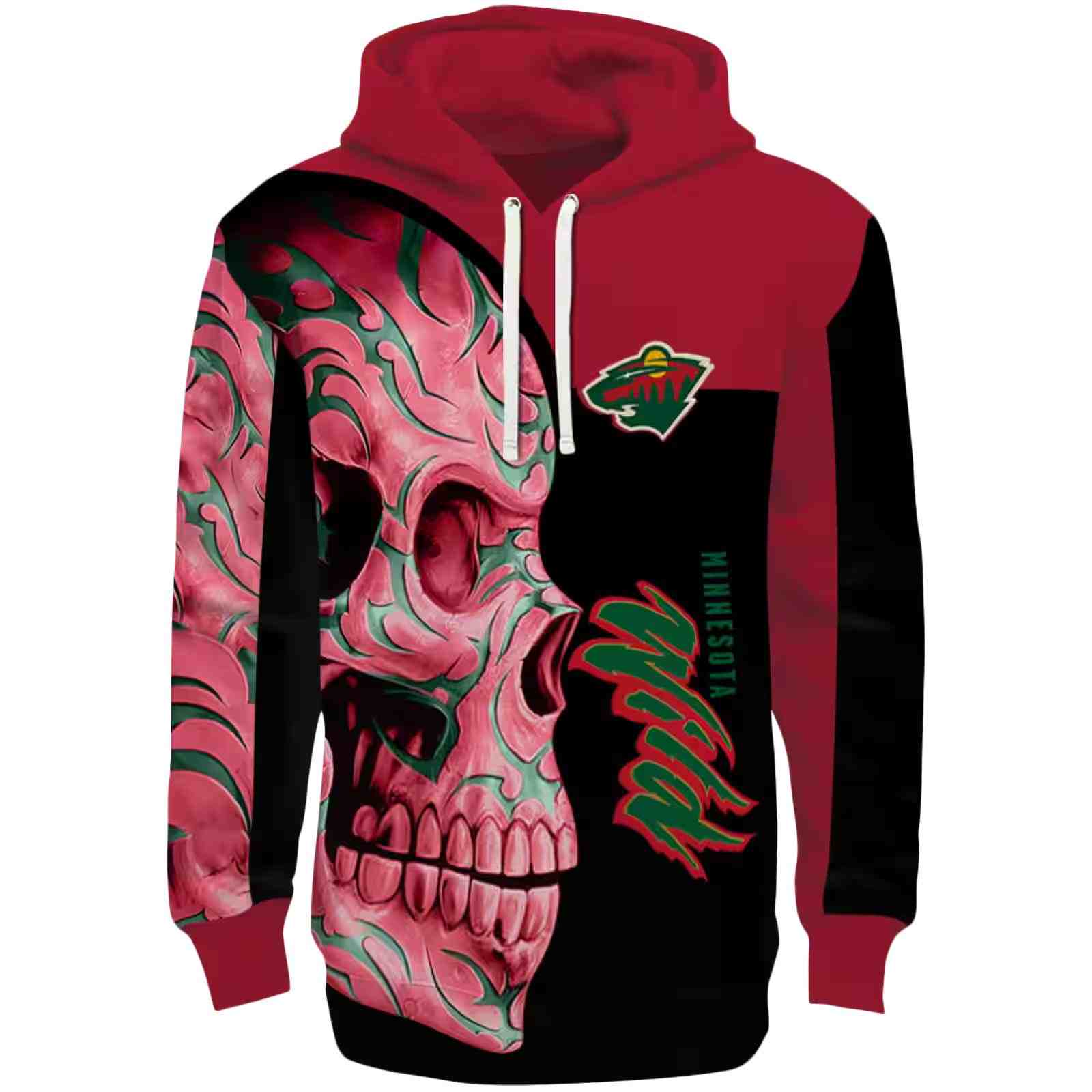 Minnesota Wild Skull Motif Red Black Hoodie