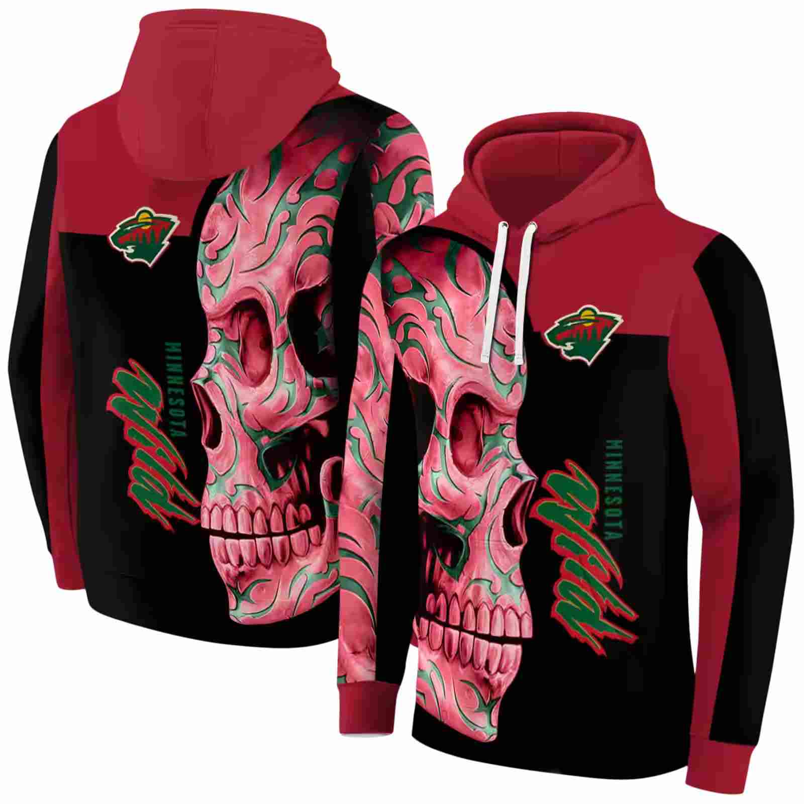 minnesota wild skull motif red black hoodie fashion forward