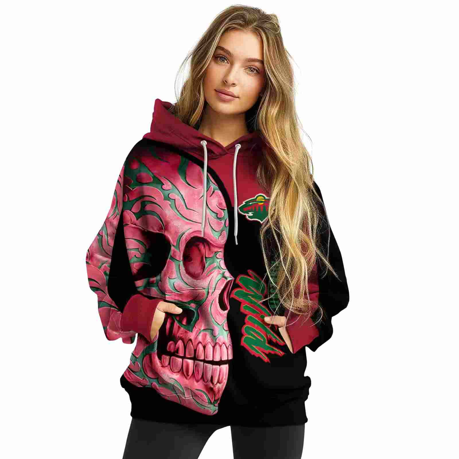 minnesota wild skull motif red black hoodie high quality