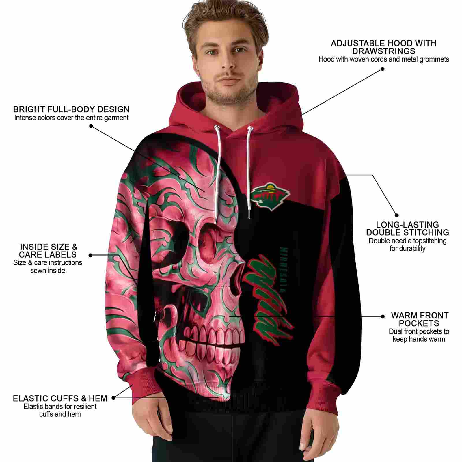 minnesota wild skull motif red black hoodie latest model