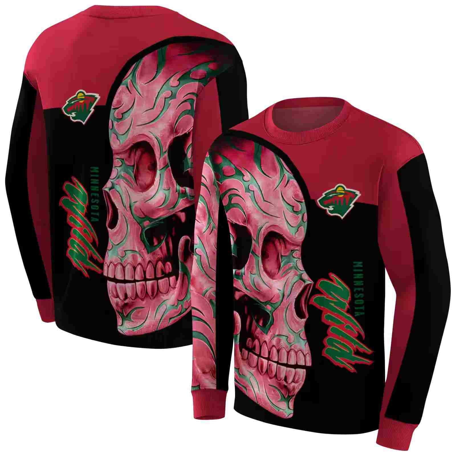 minnesota wild skull motif red black hoodie premium grade