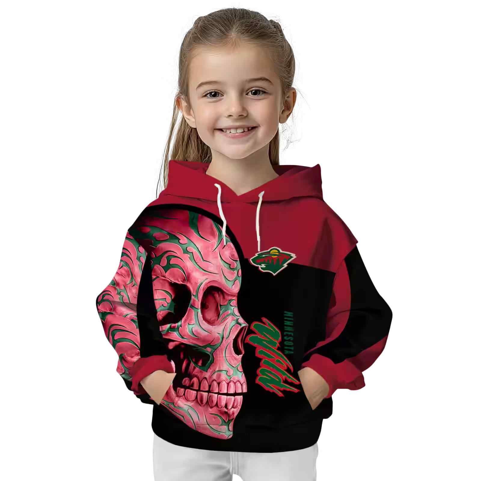 minnesota wild skull motif red black hoodie top rated