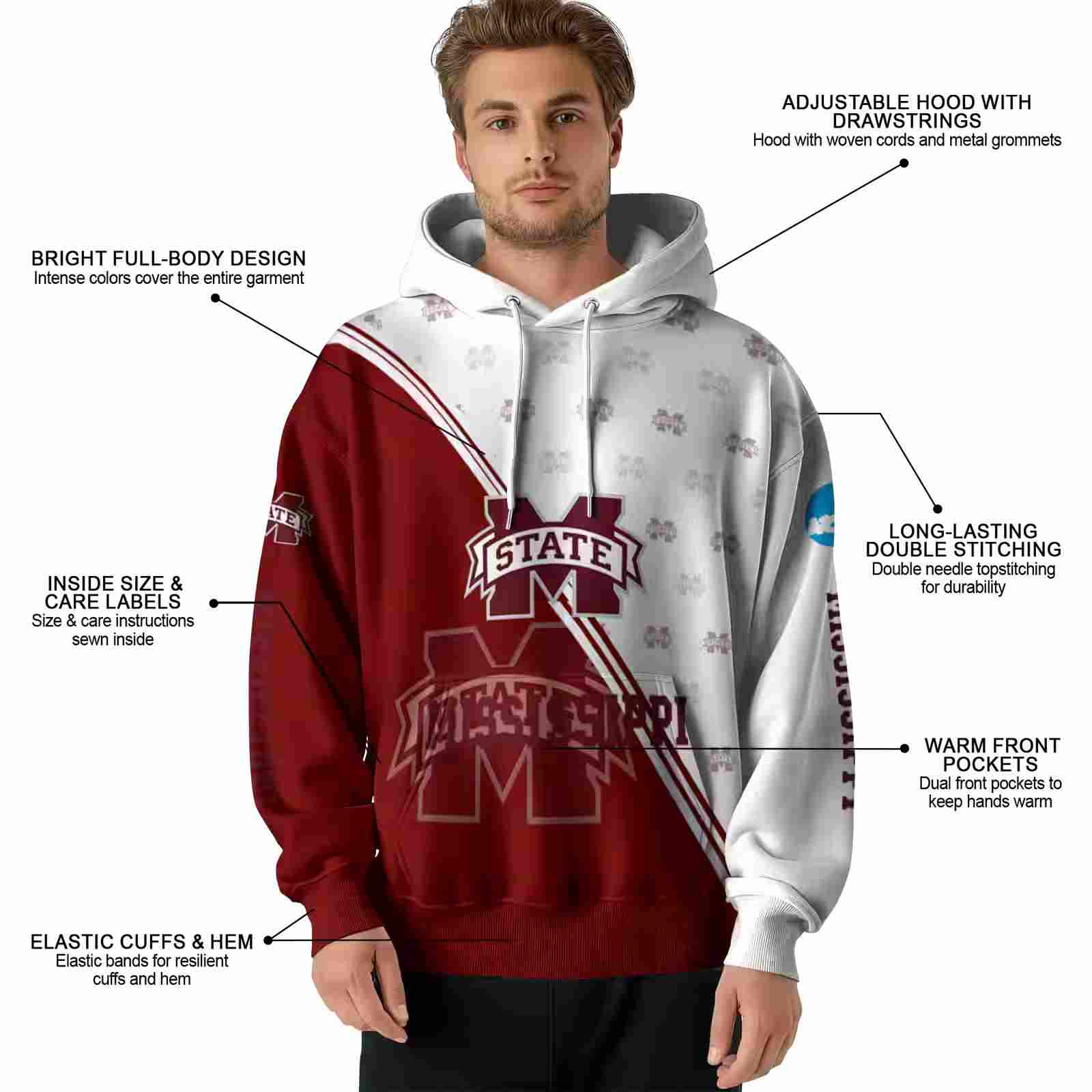 mississippi state bulldogs diagonal stripe maroon white hoodie latest model