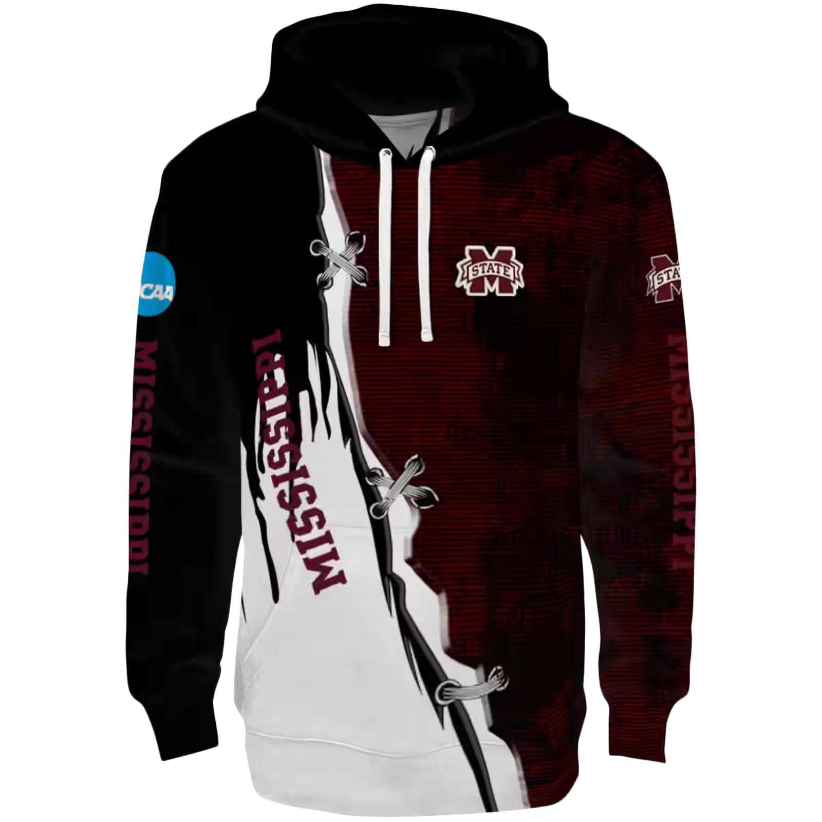 Mississippi State Bulldogs Ripped Pattern Maroon Black White Hoodie