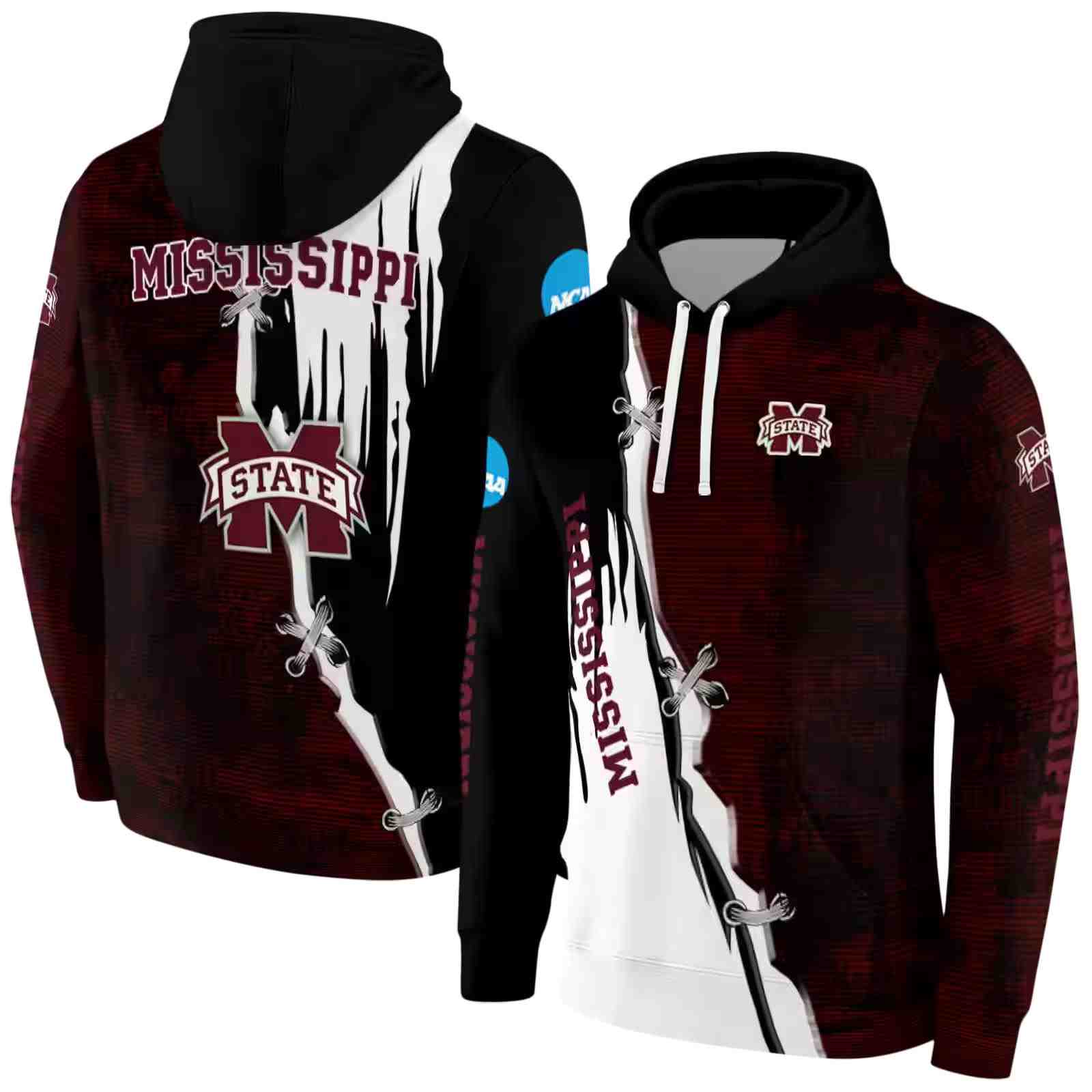 mississippi state bulldogs ripped pattern maroon black white hoodie fashion forward