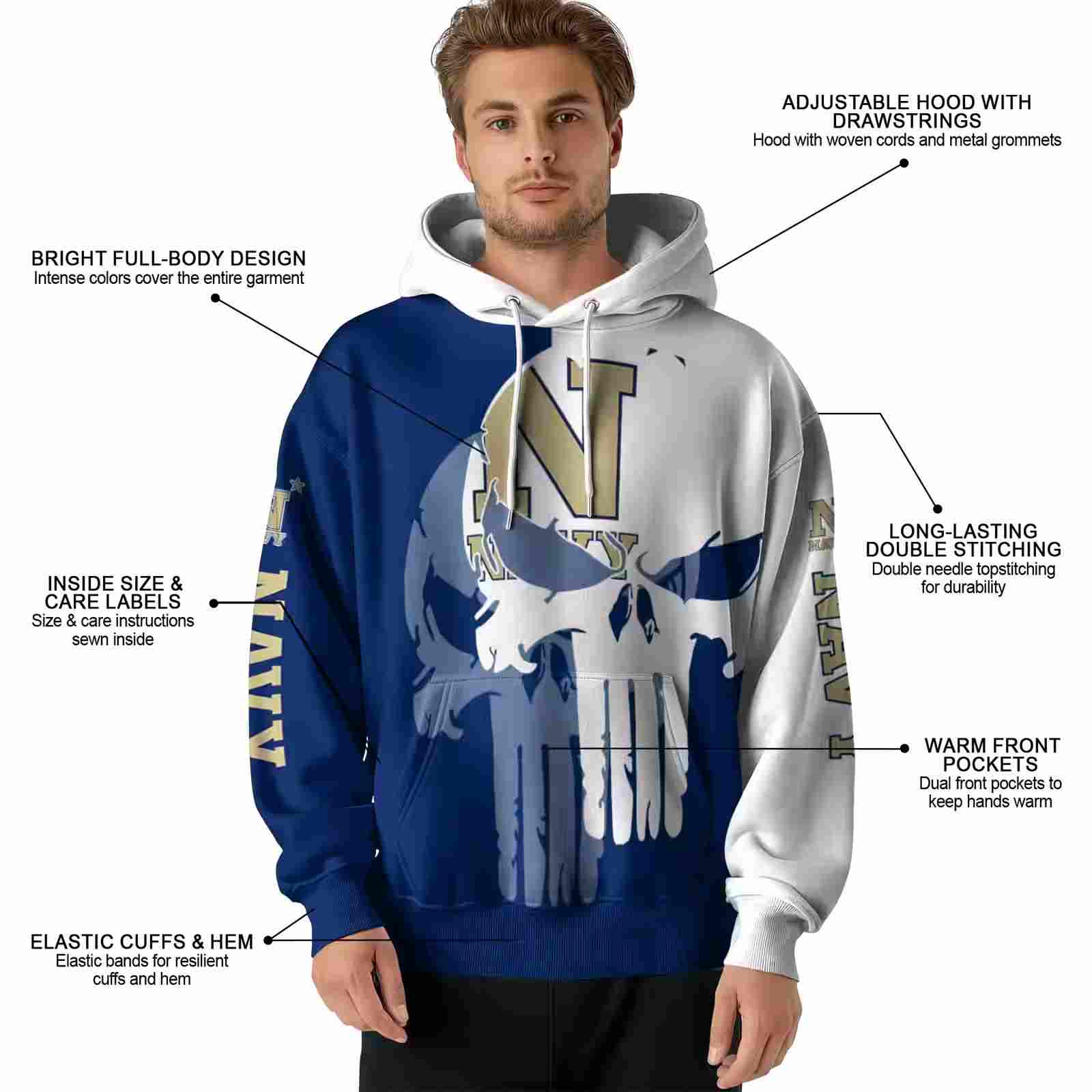 navy midshipmen graphic punisher blue white hoodie latest model