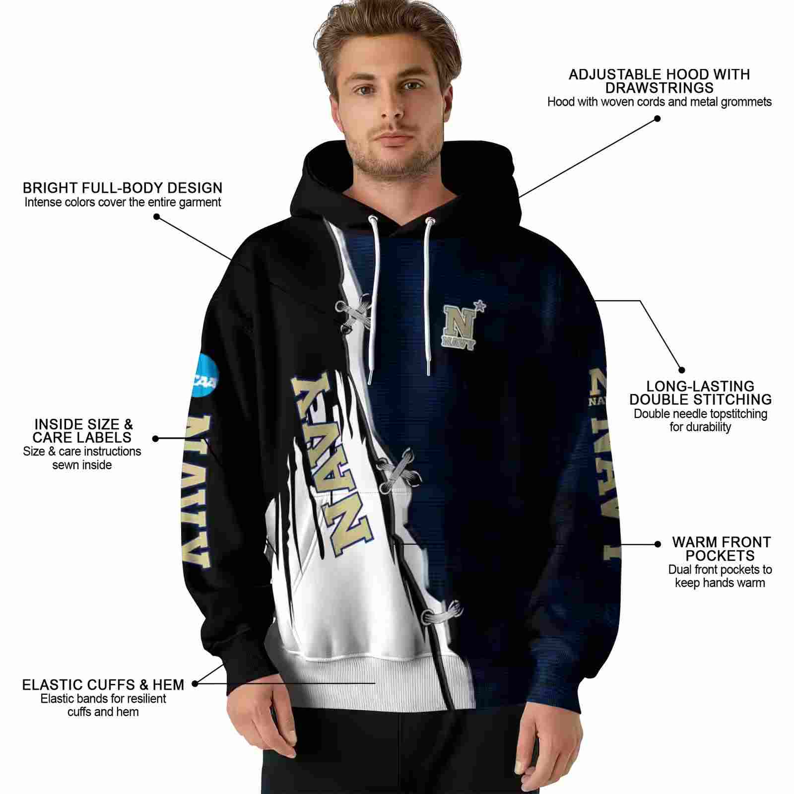 navy midshipmen ripped pattern blue black white hoodie latest model