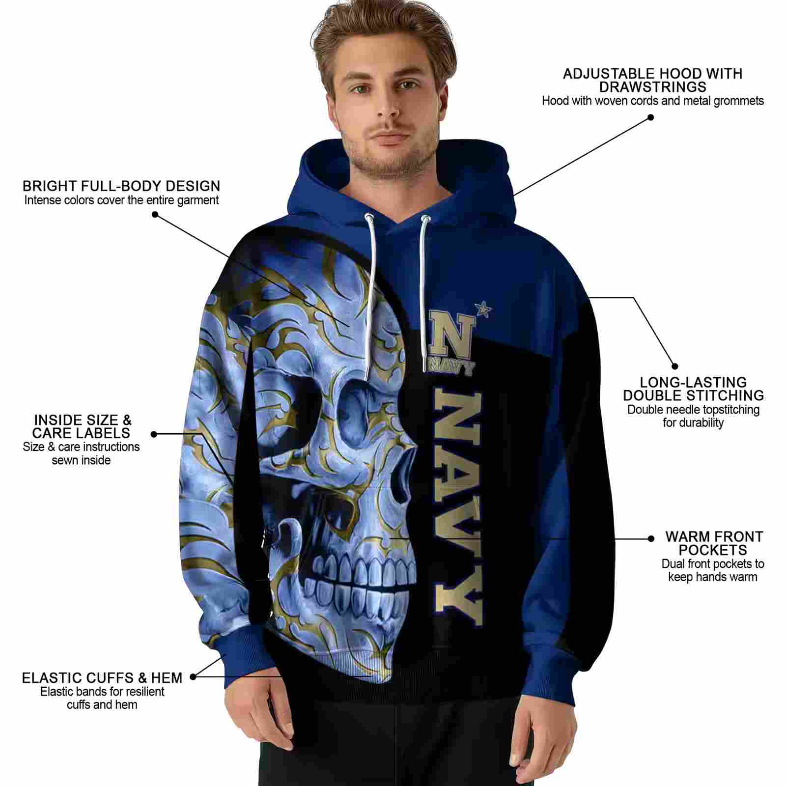 navy midshipmen skull motif blue black hoodie latest model