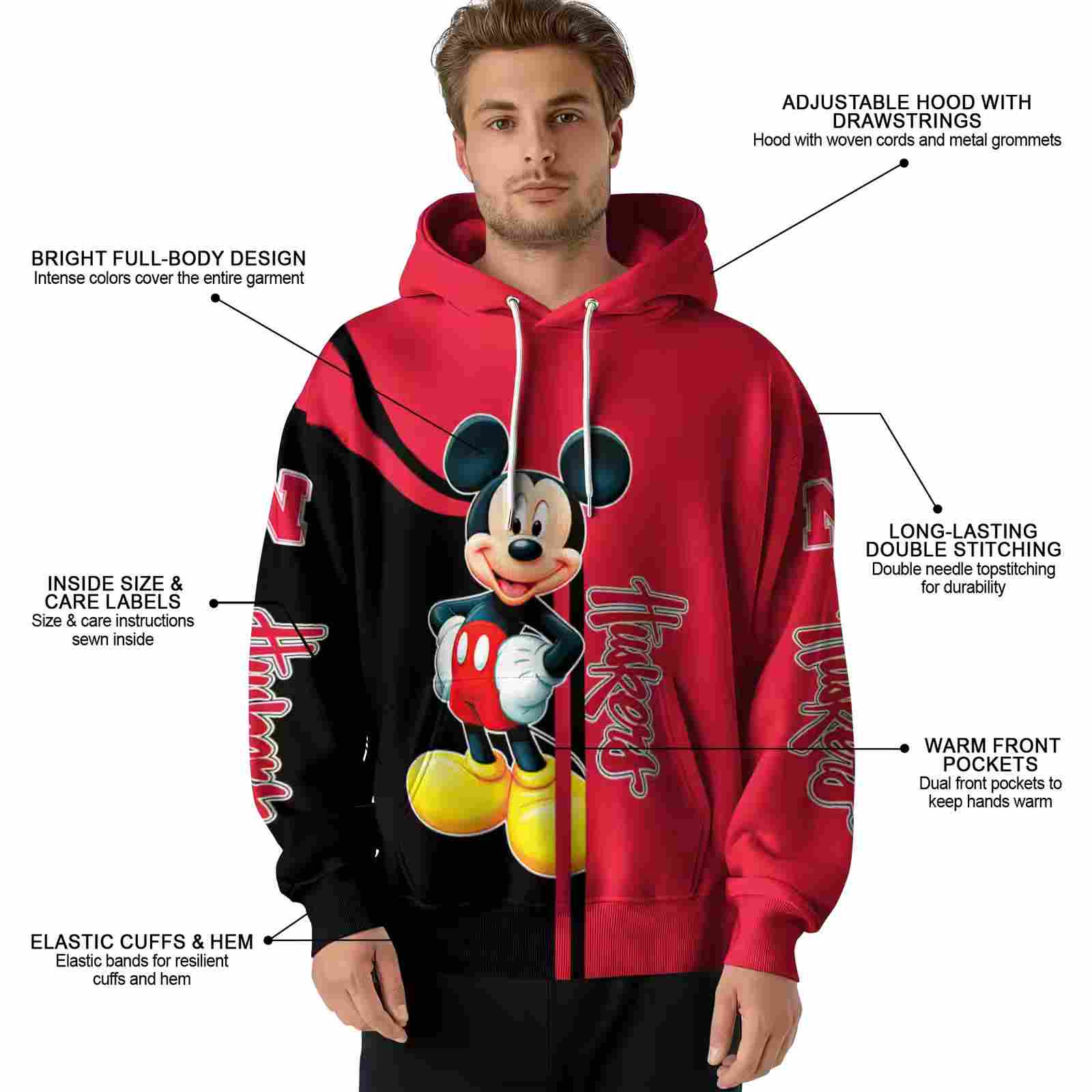 nebraska cornhuskers mickey mouse red black hoodie latest model