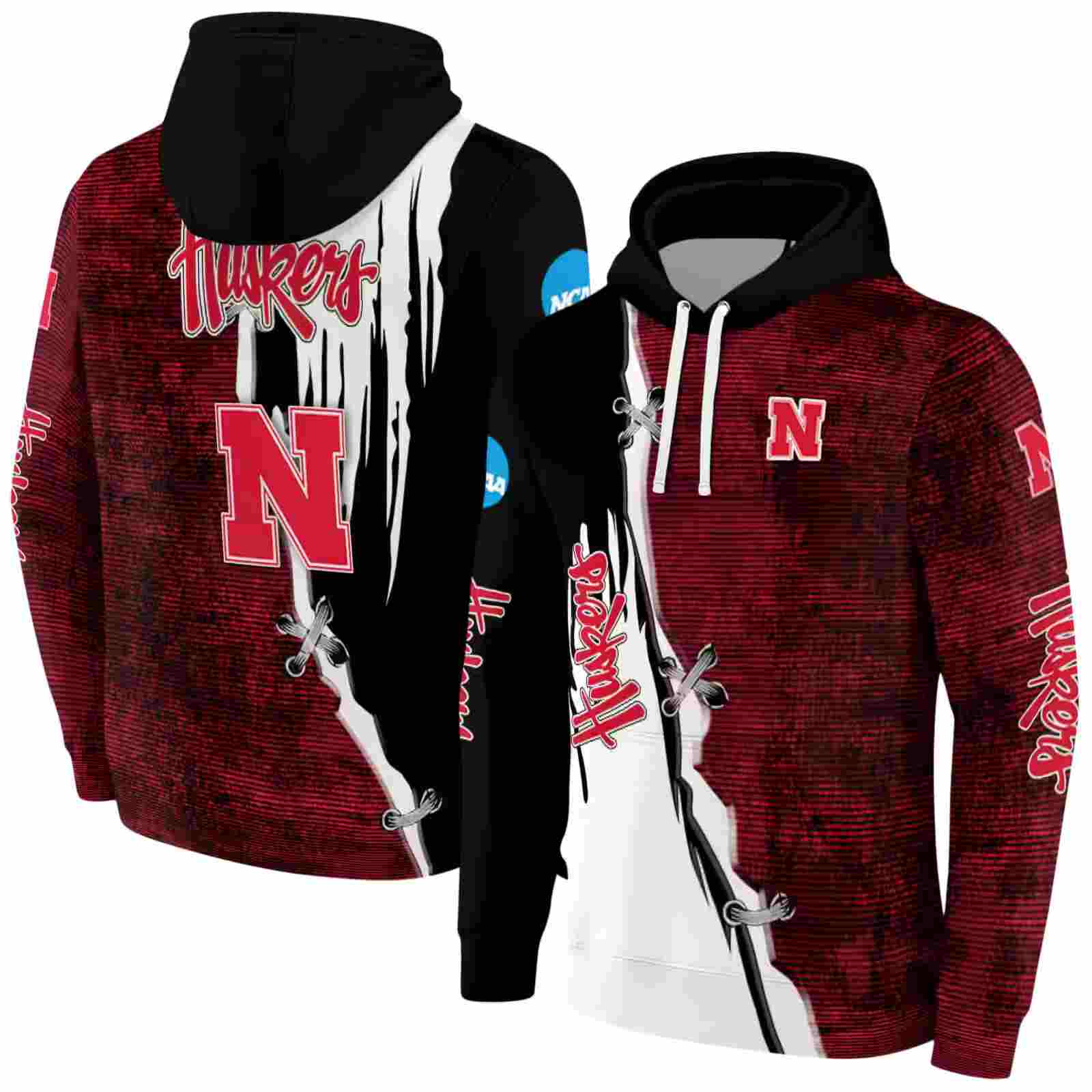 nebraska cornhuskers ripped pattern red black white hoodie fashion forward