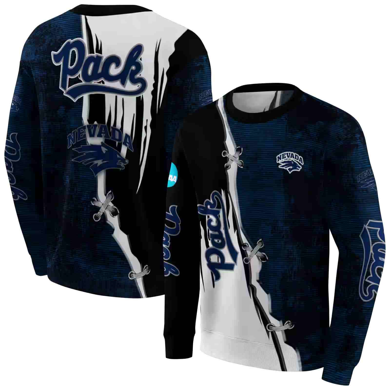 nevada wolf pack ripped pattern blue black white hoodie premium grade