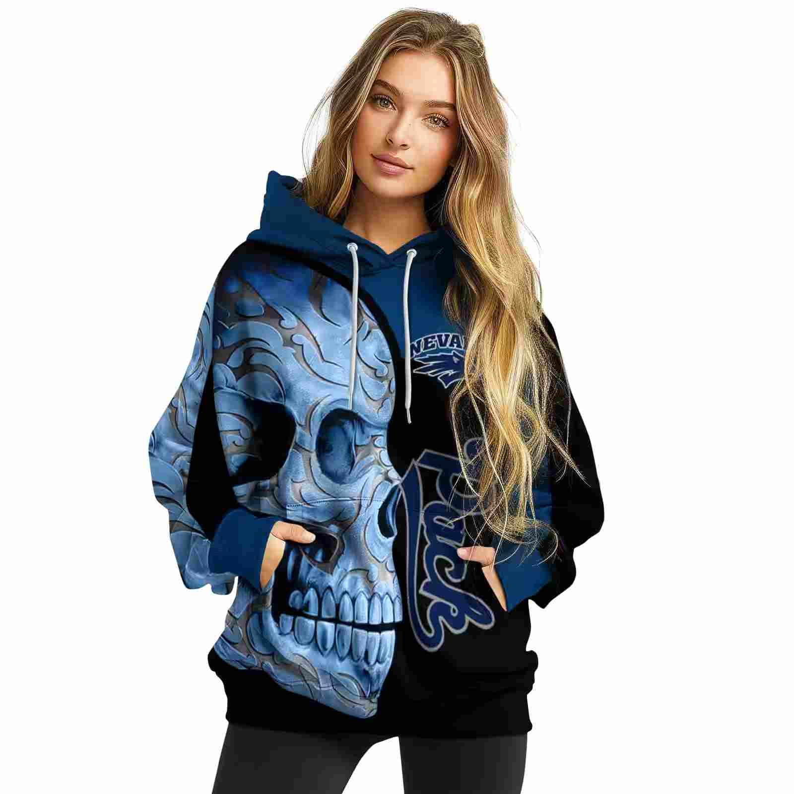 nevada wolf pack skull motif blue black hoodie high quality