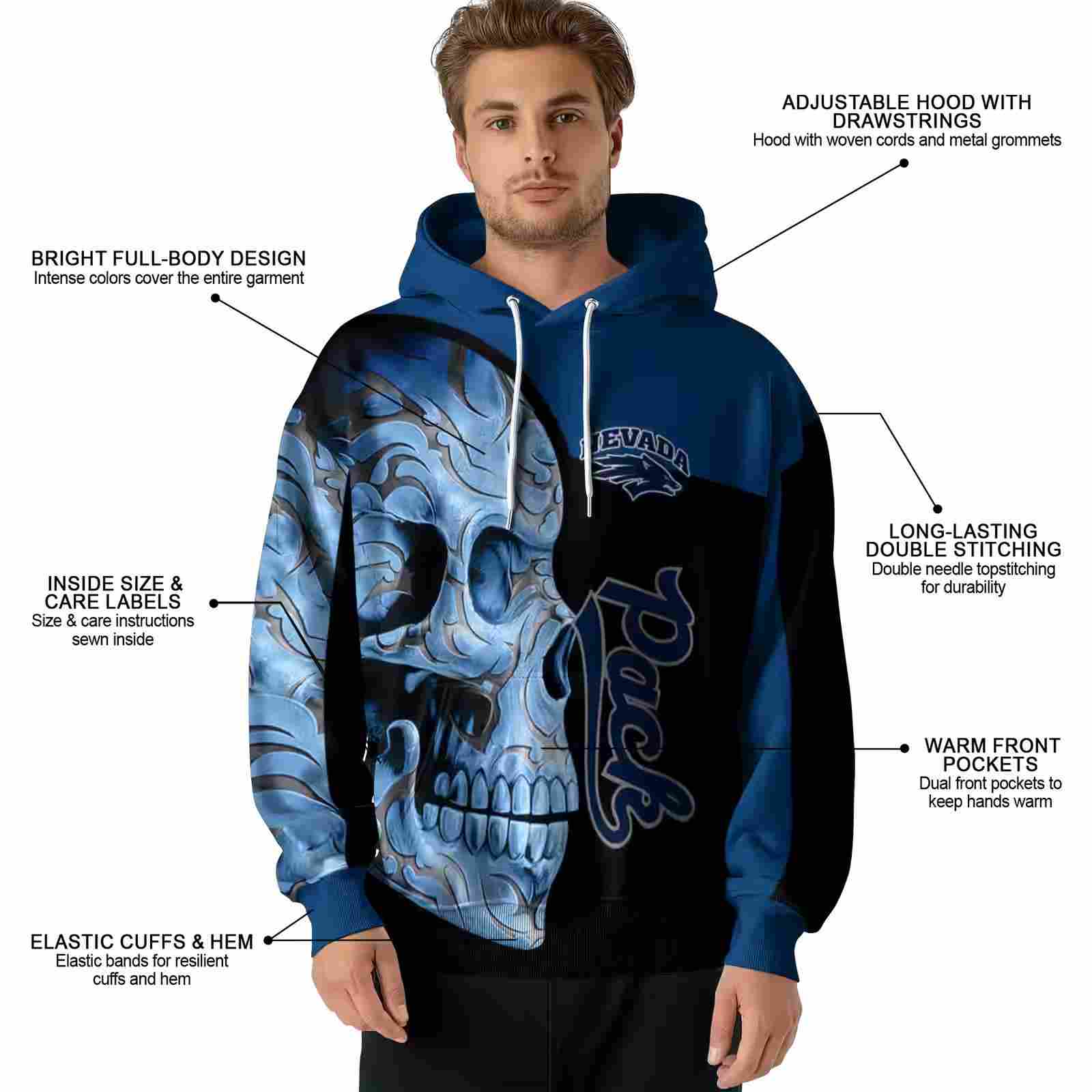 nevada wolf pack skull motif blue black hoodie latest model