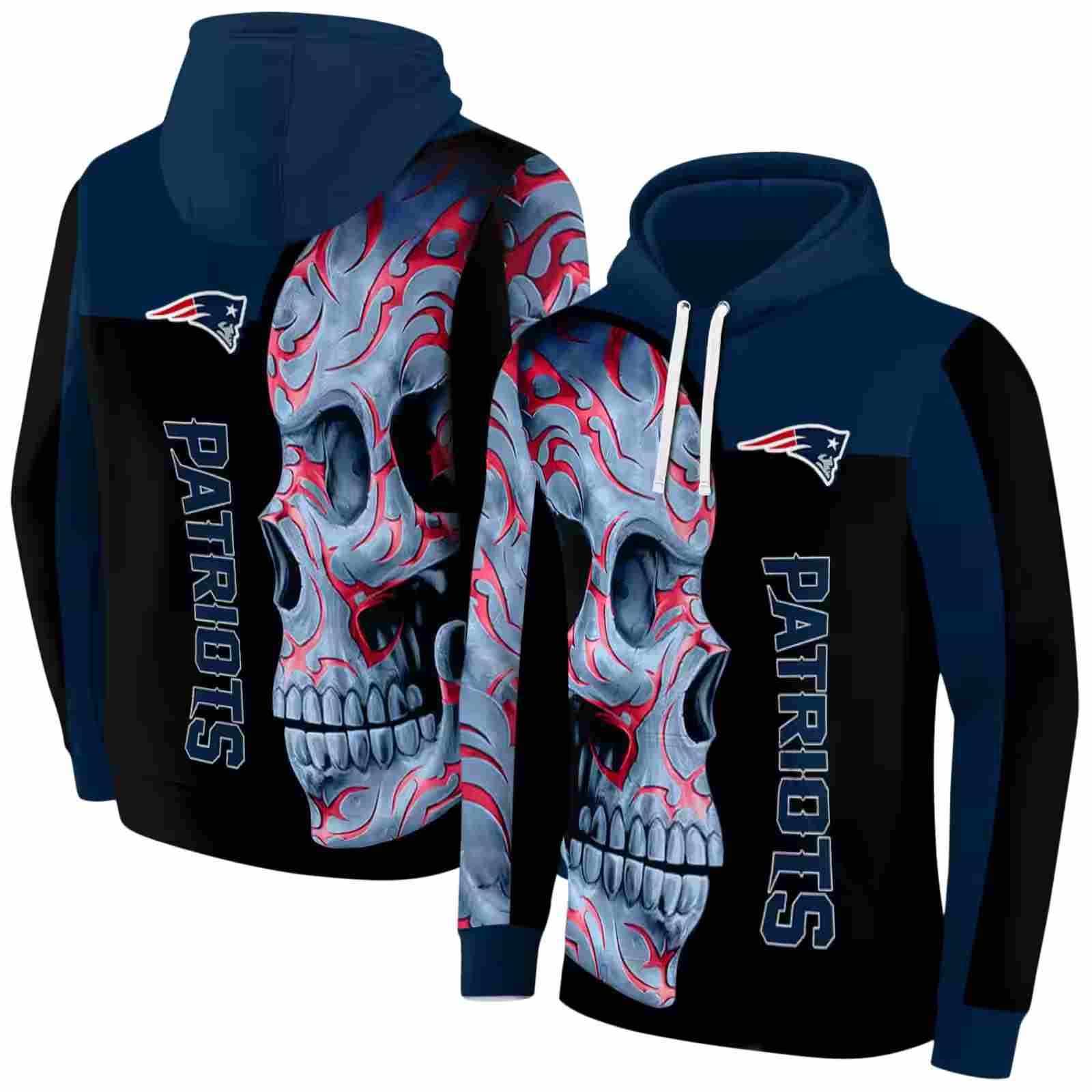 new england patriots skull motif blue black hoodie fashion forward