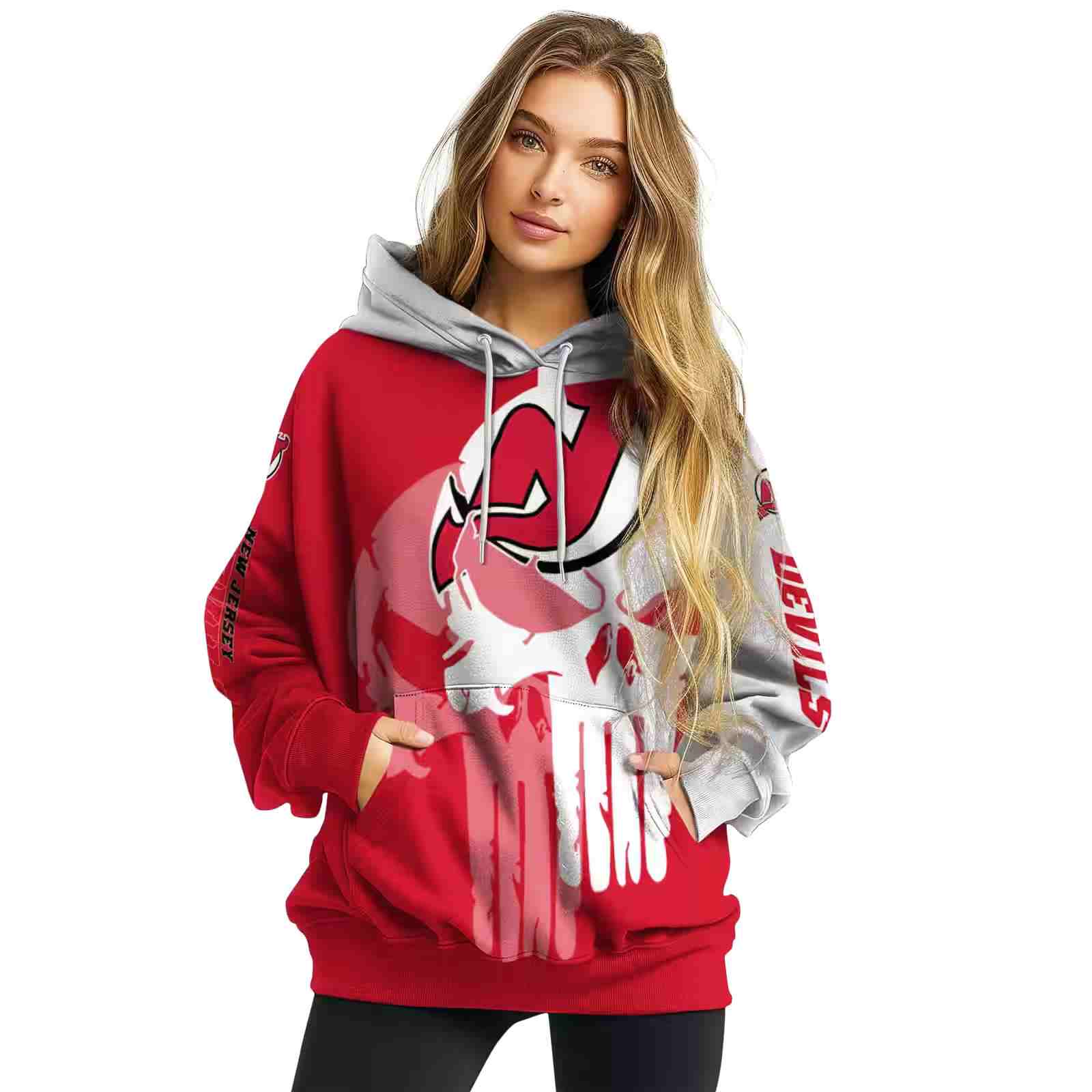 new jersey devils graphic punisher red white hoodie high quality