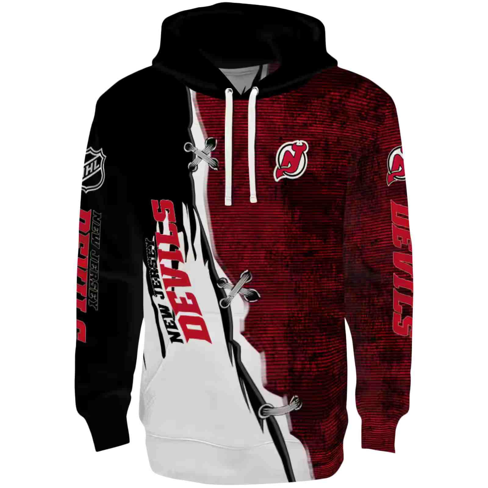 New Jersey Devils Ripped Pattern Red Black White Hoodie