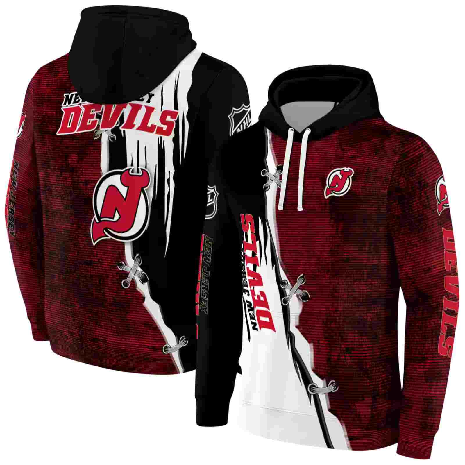 new jersey devils ripped pattern red black white hoodie fashion forward