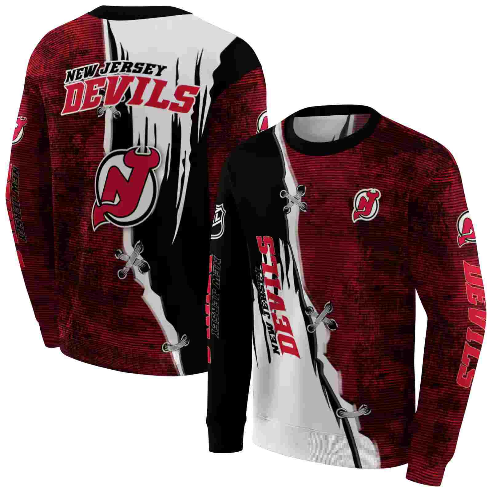 new jersey devils ripped pattern red black white hoodie premium grade