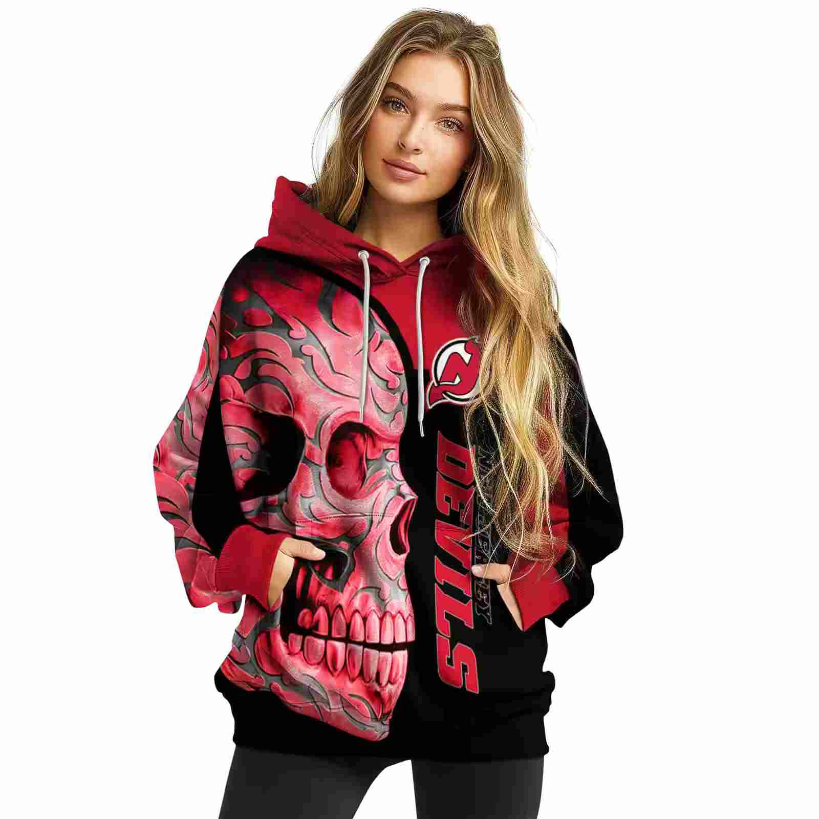 new jersey devils skull motif red black hoodie high quality