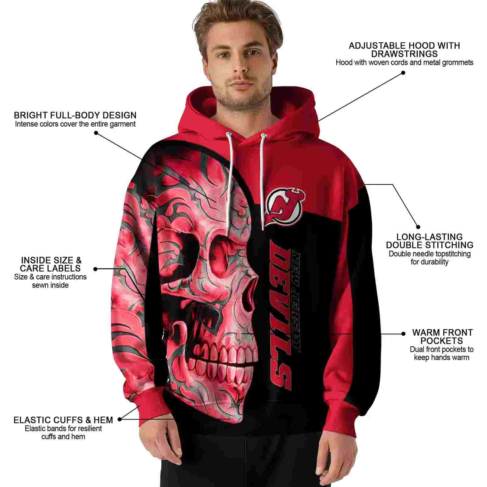 new jersey devils skull motif red black hoodie latest model