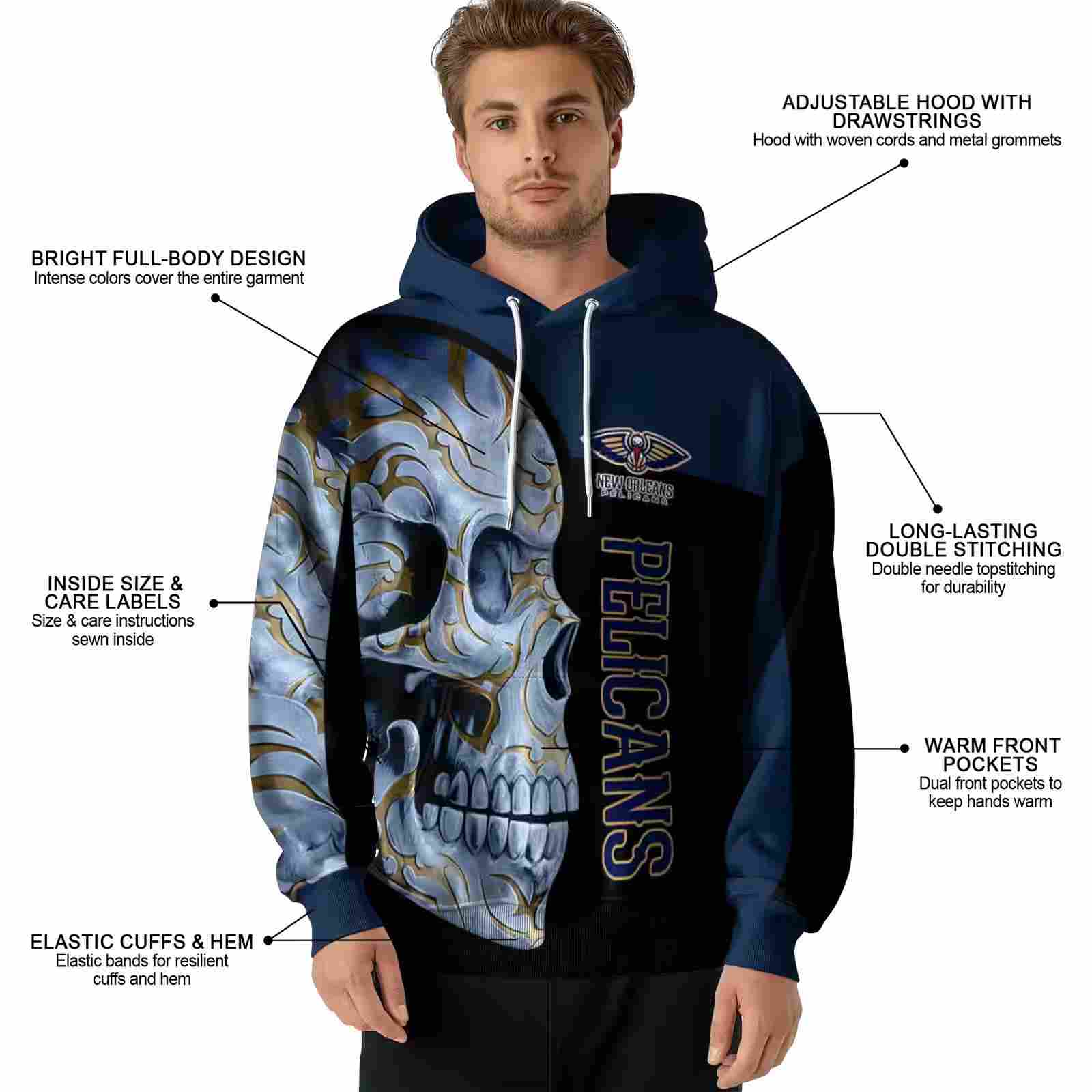 new orleans pelicans skull motif navy black hoodie latest model