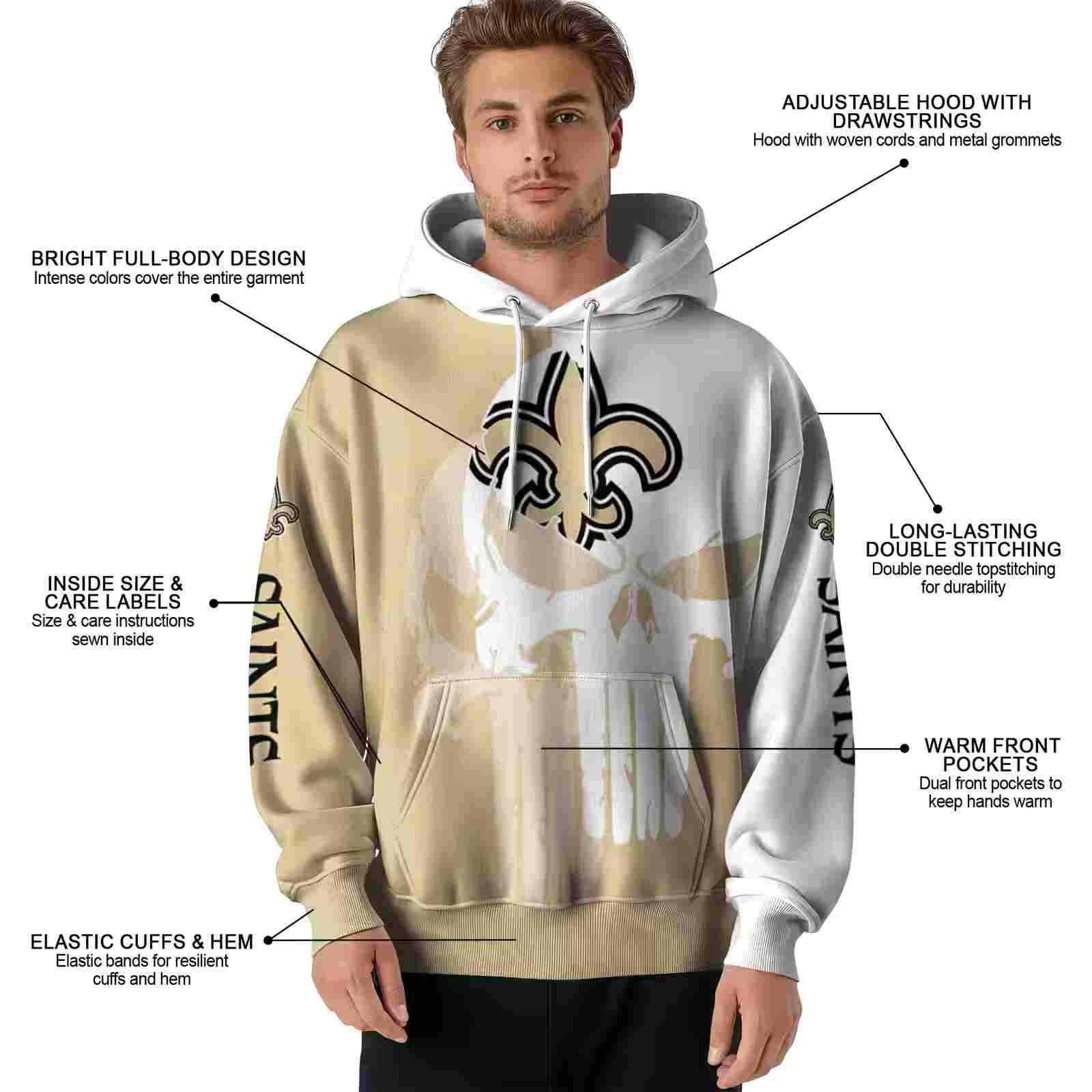 new orleans saints graphic punisher gold white hoodie latest model