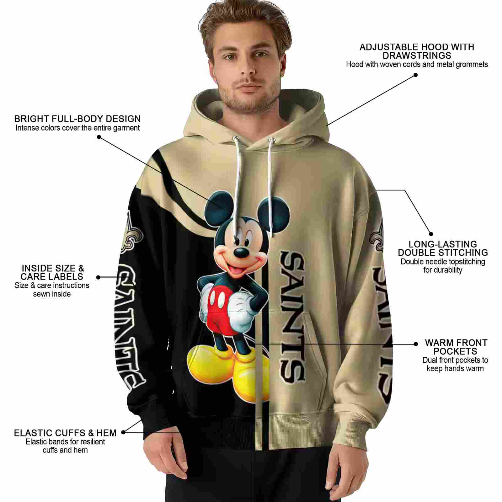 new orleans saints mickey mouse gold black hoodie latest model