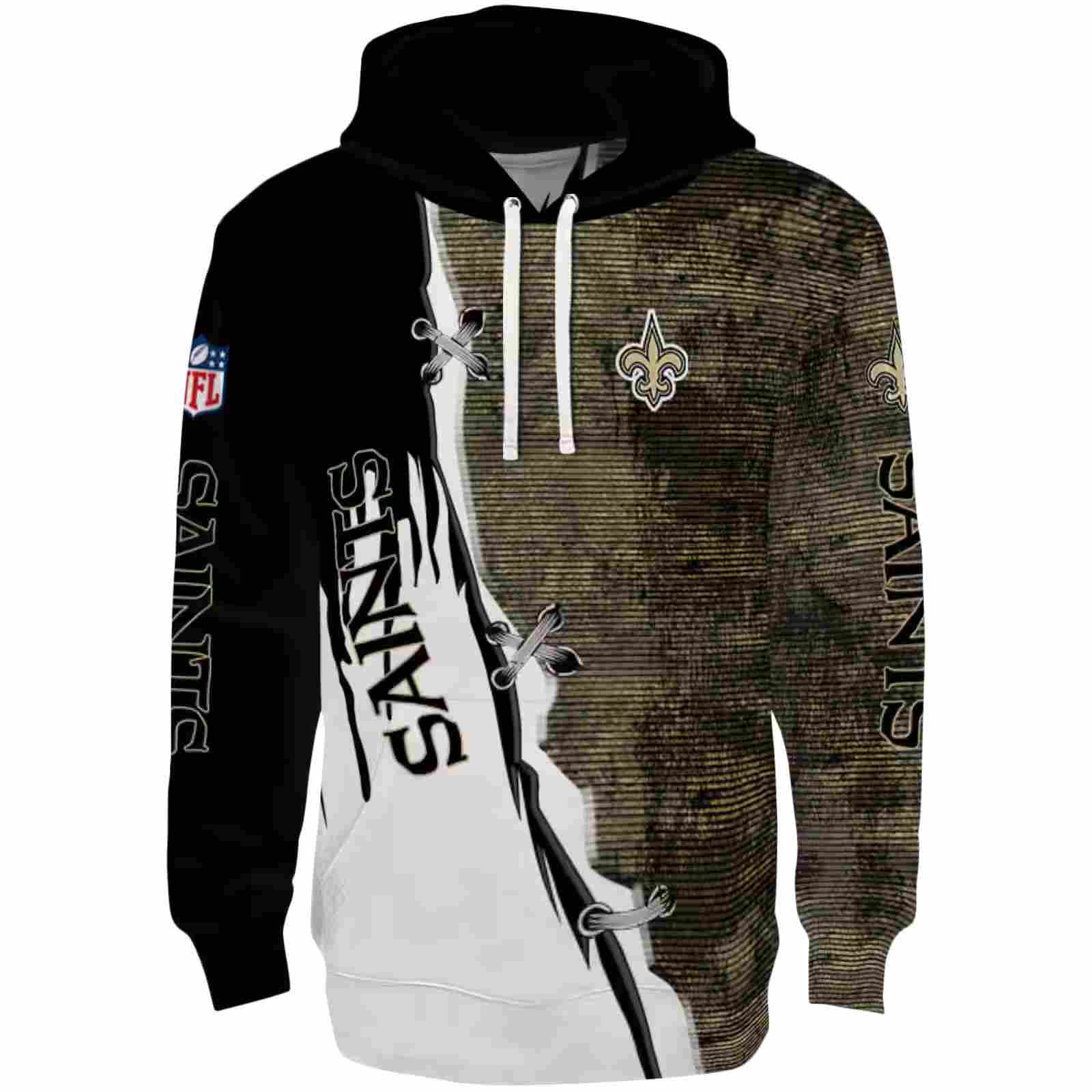 New Orleans Saints Ripped Pattern Gold Black White Hoodie