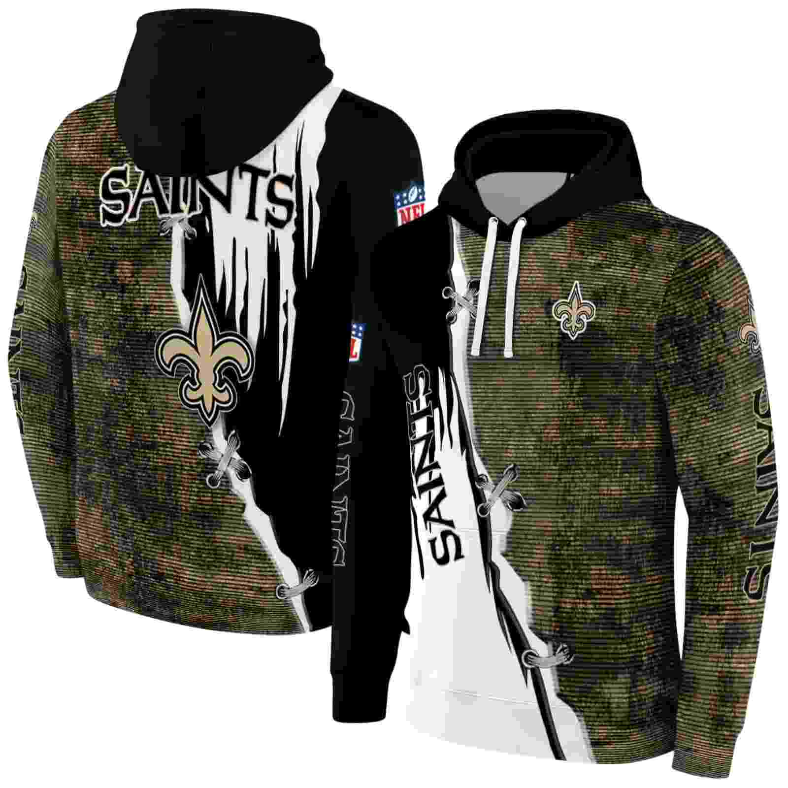 new orleans saints ripped pattern gold black white hoodie fashion forward