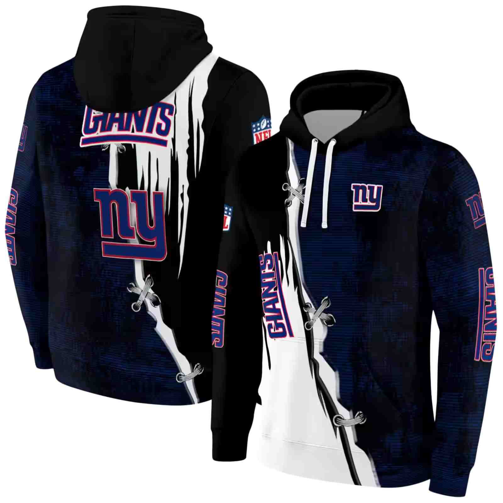 new york giants ripped pattern blue black white hoodie fashion forward