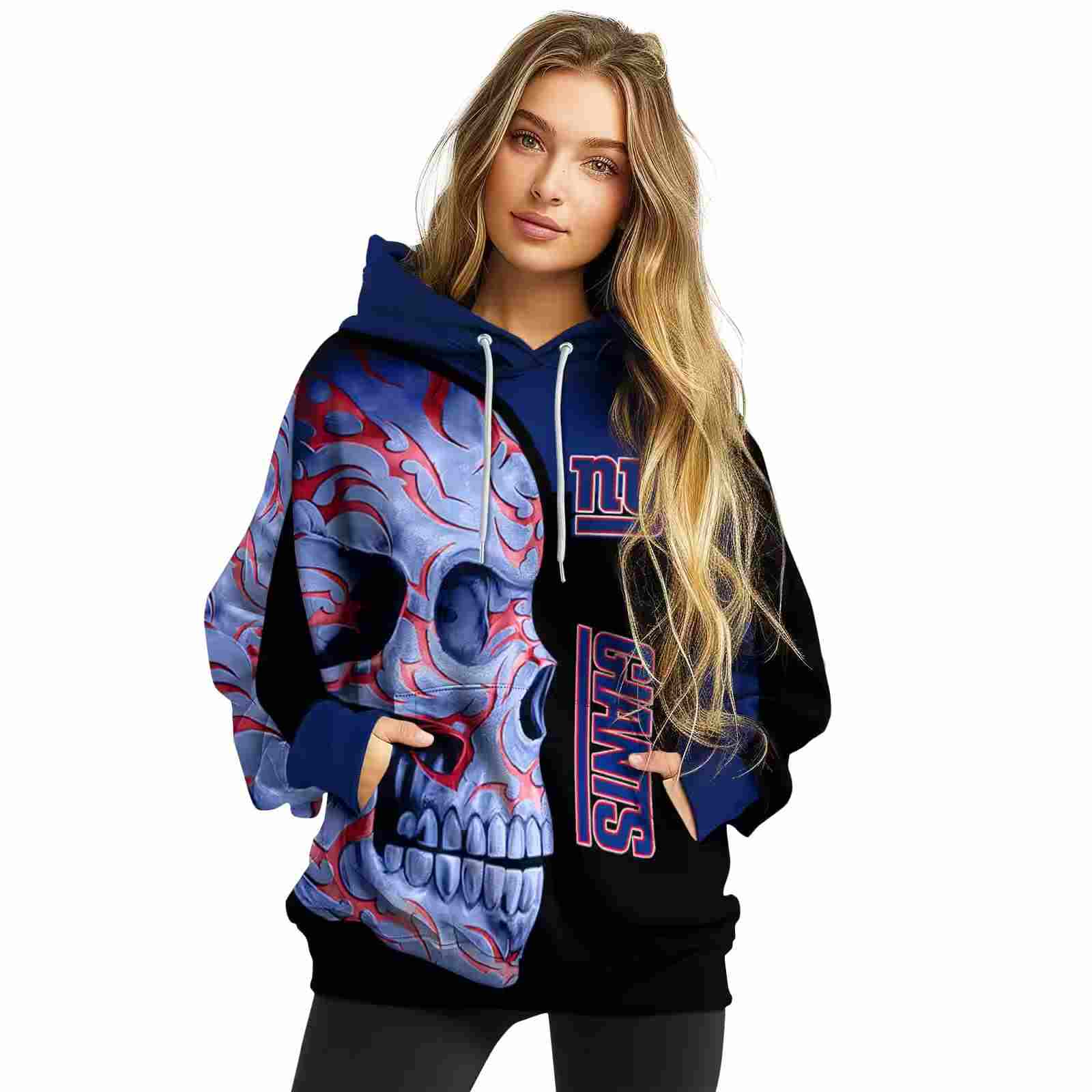 new york giants skull motif blue black hoodie high quality