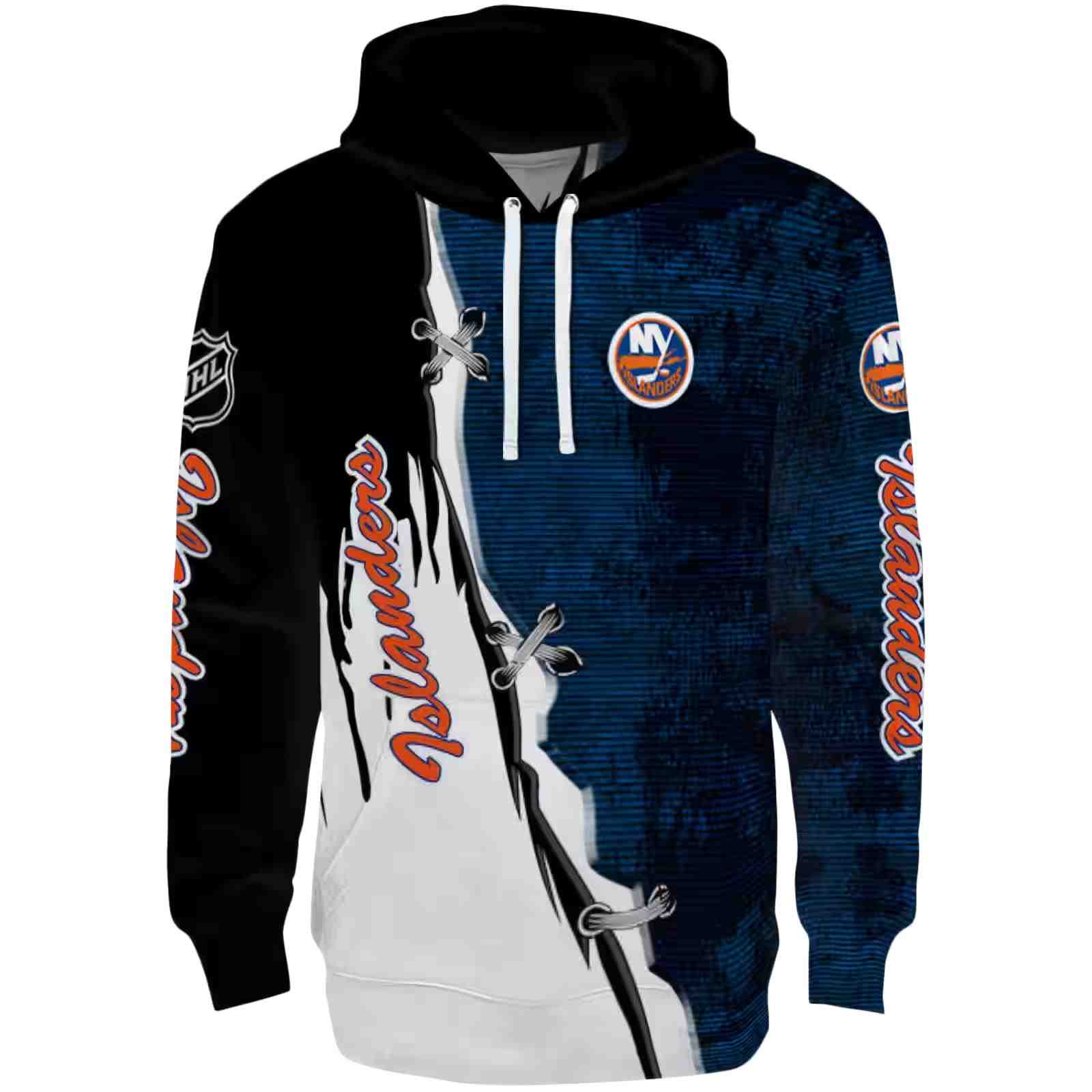 New York Islanders Ripped Pattern Blue Black White Hoodie