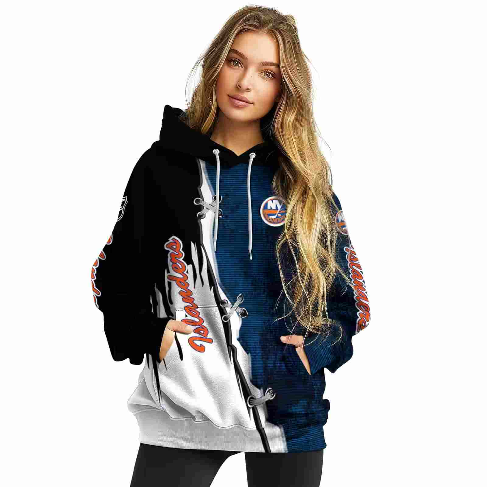 new york islanders ripped pattern blue black white hoodie high quality