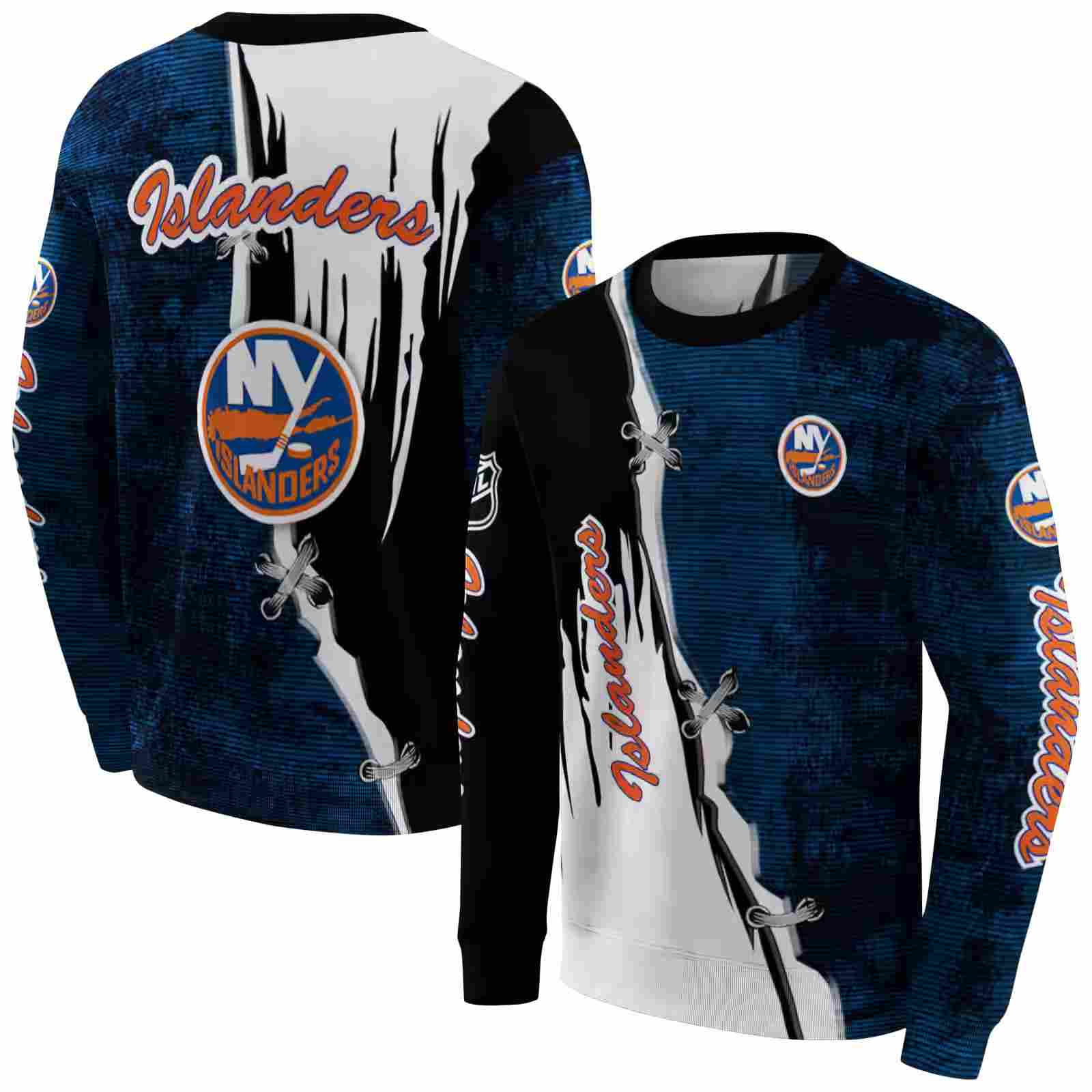 new york islanders ripped pattern blue black white hoodie premium grade