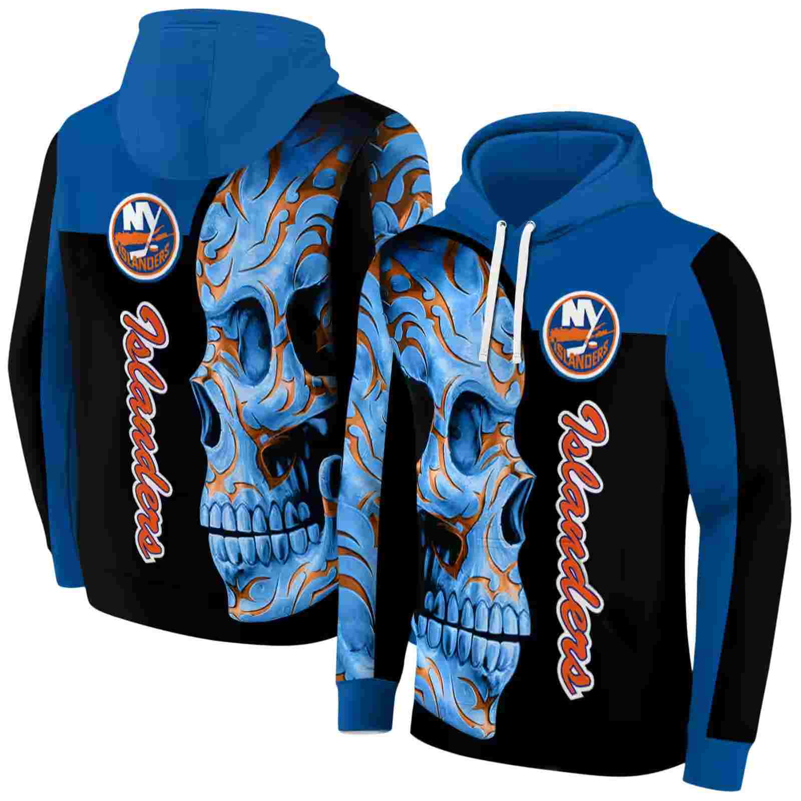 new york islanders skull motif blue black hoodie fashion forward