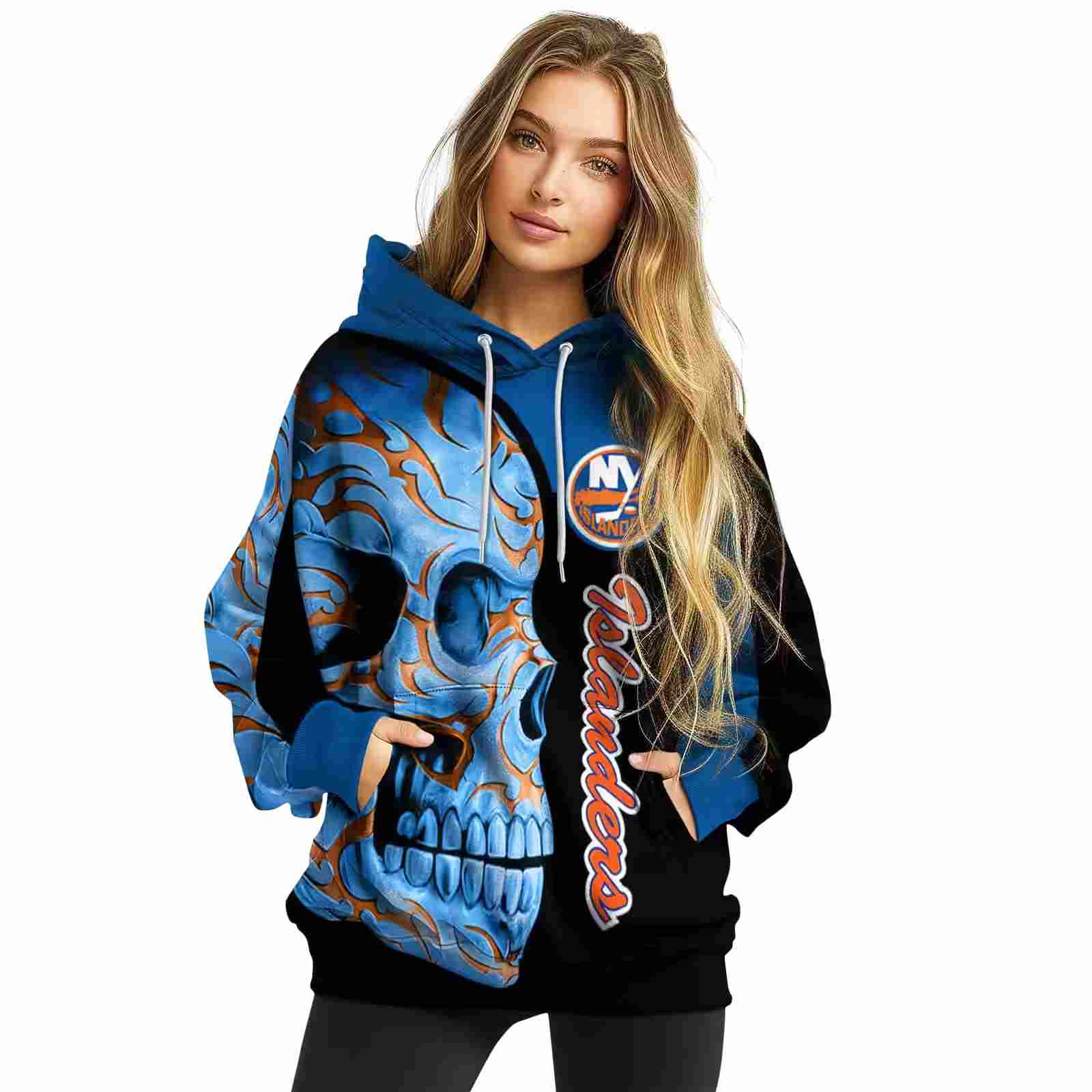 new york islanders skull motif blue black hoodie high quality