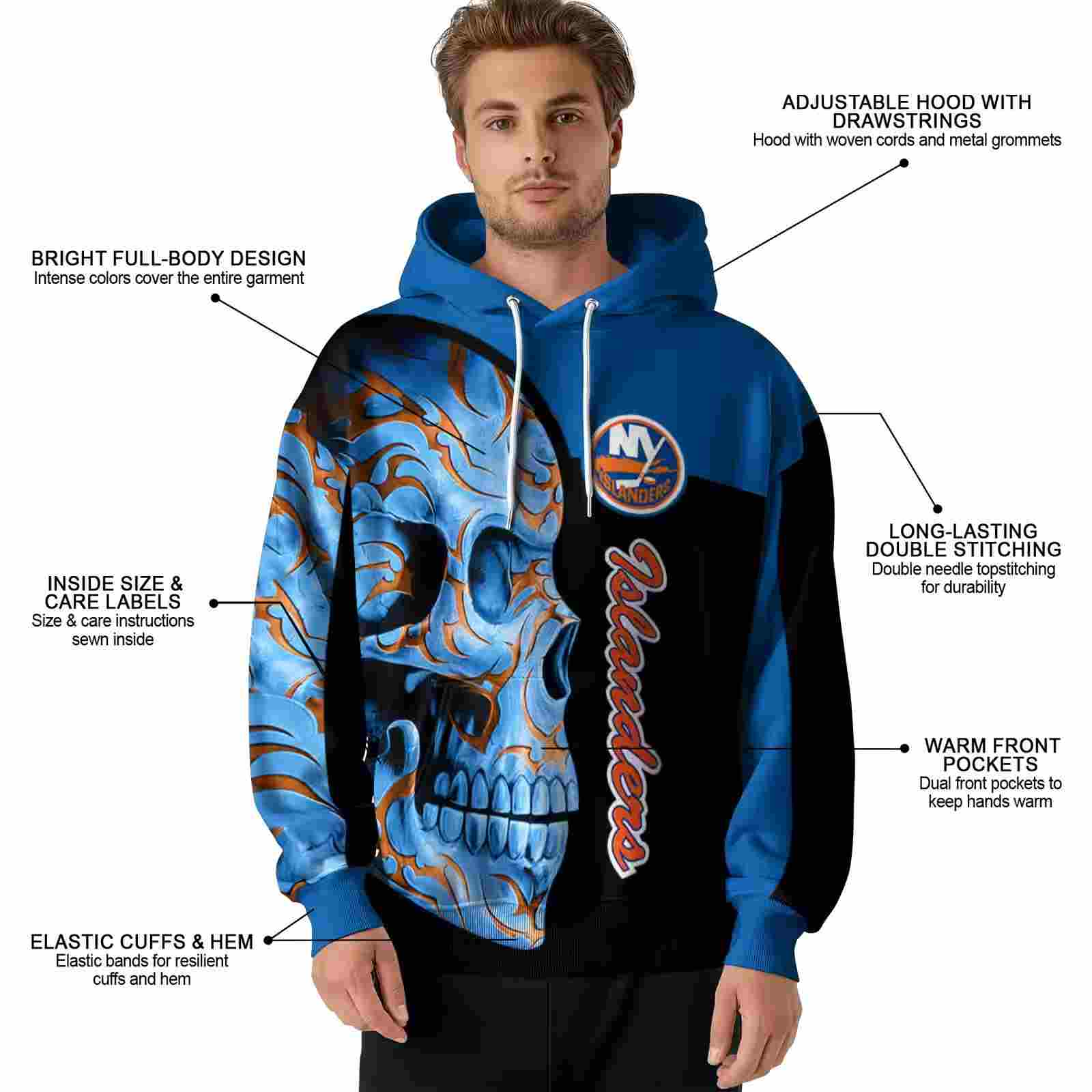 new york islanders skull motif blue black hoodie latest model