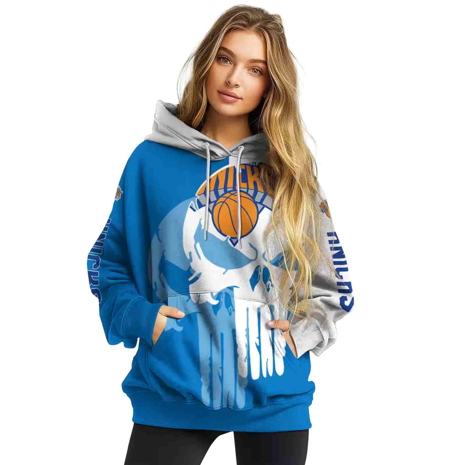 new york knicks graphic punisher blue white hoodie high quality