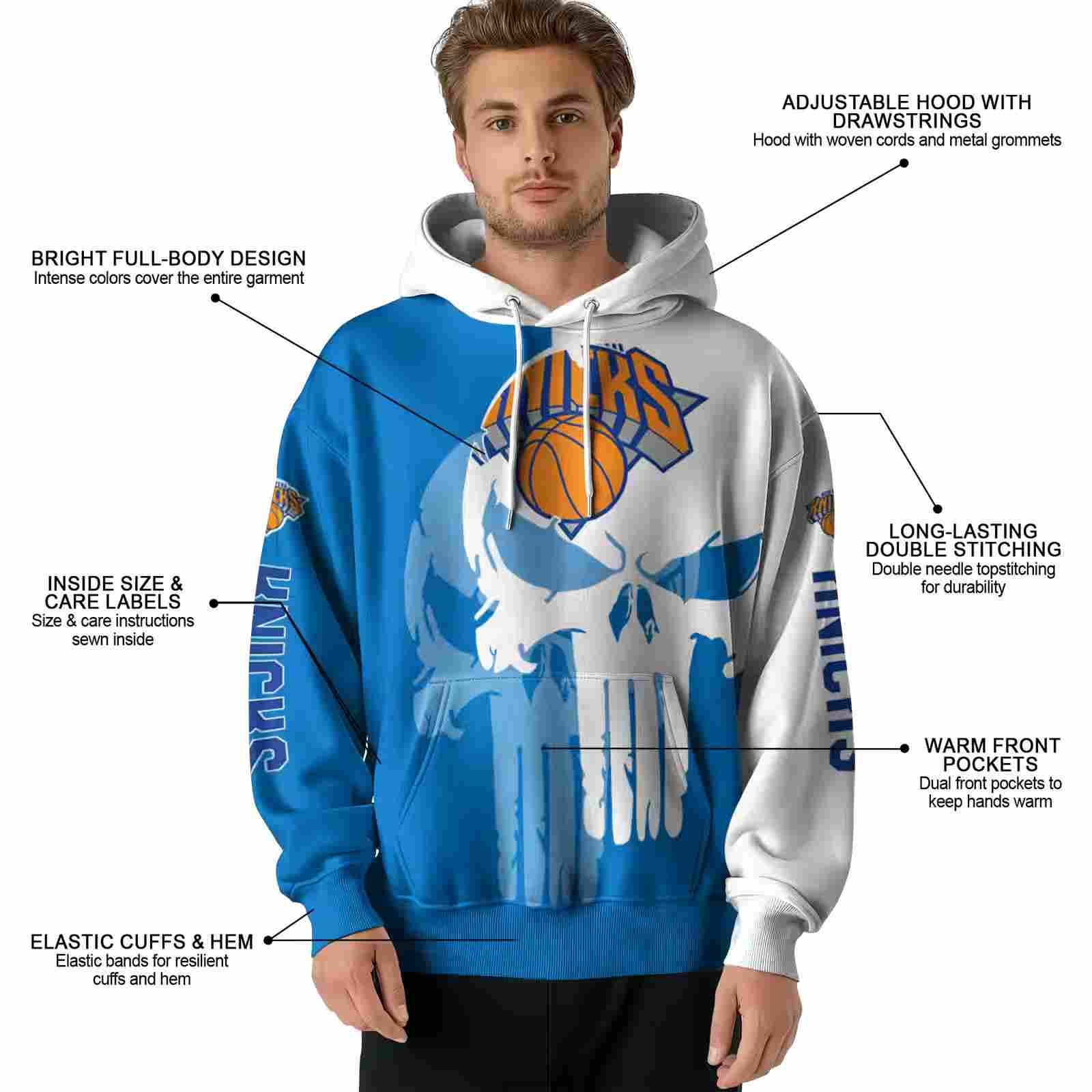 new york knicks graphic punisher blue white hoodie latest model