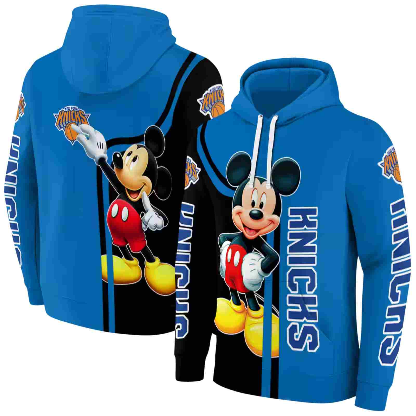 new york knicks mickey mouse blue black hoodie fashion forward