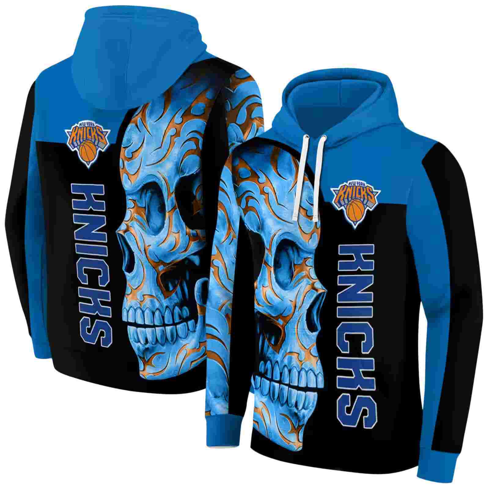 new york knicks skull motif blue black hoodie fashion forward