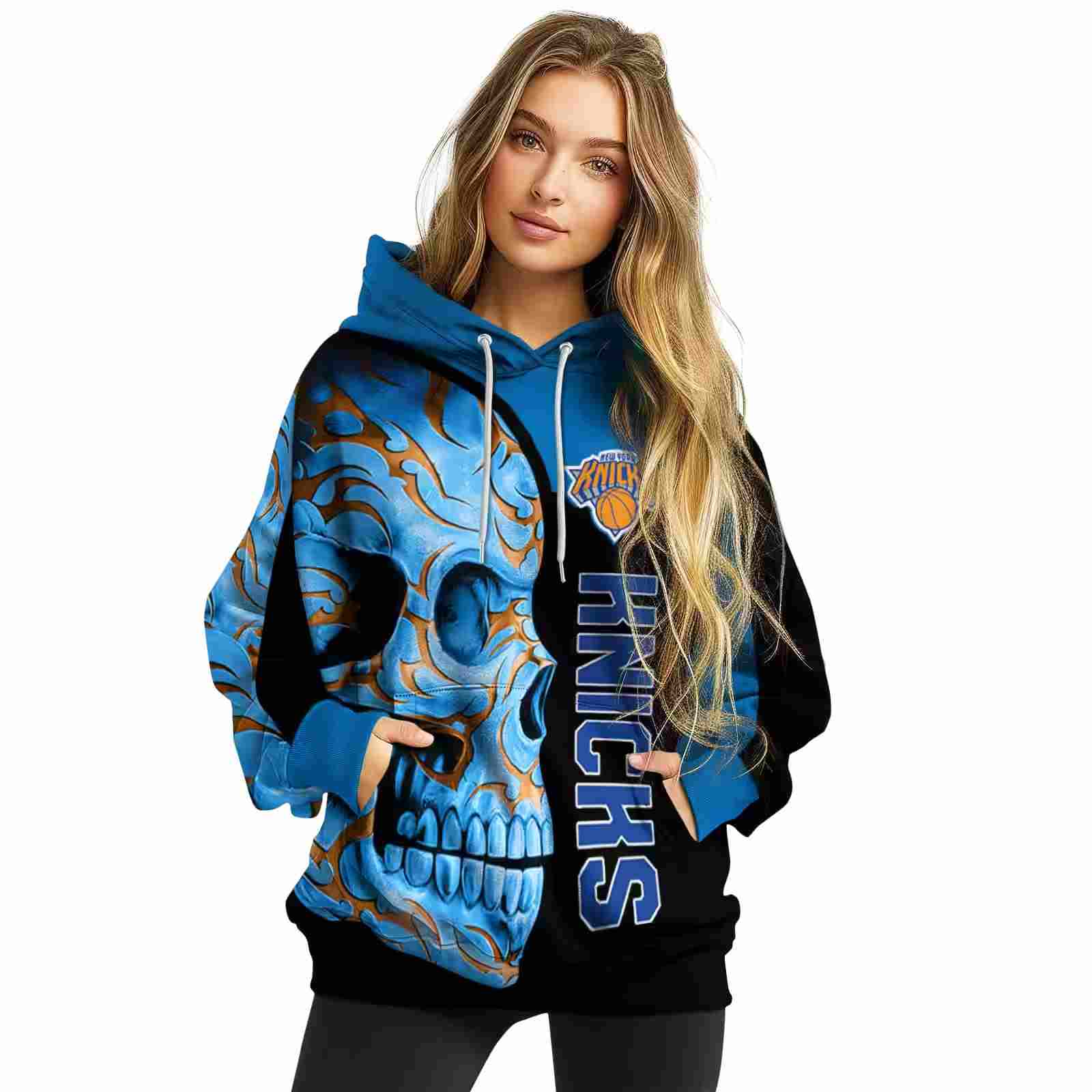 new york knicks skull motif blue black hoodie high quality